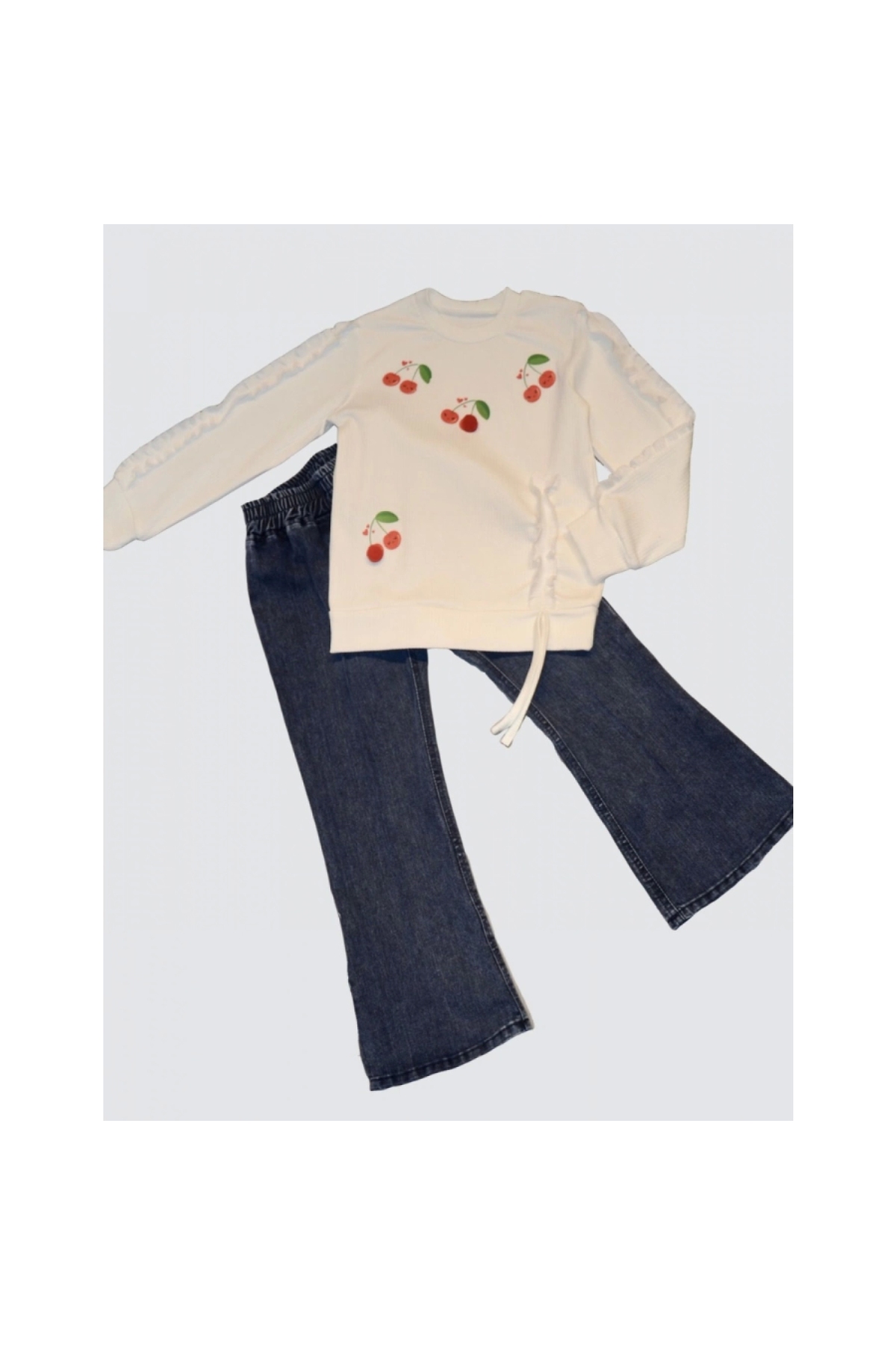 4-5-6 Years Old Cherry Patterned Combed Cotton Sweat Long Sleeve 2-Piece Girl's Set with Denim Trousers