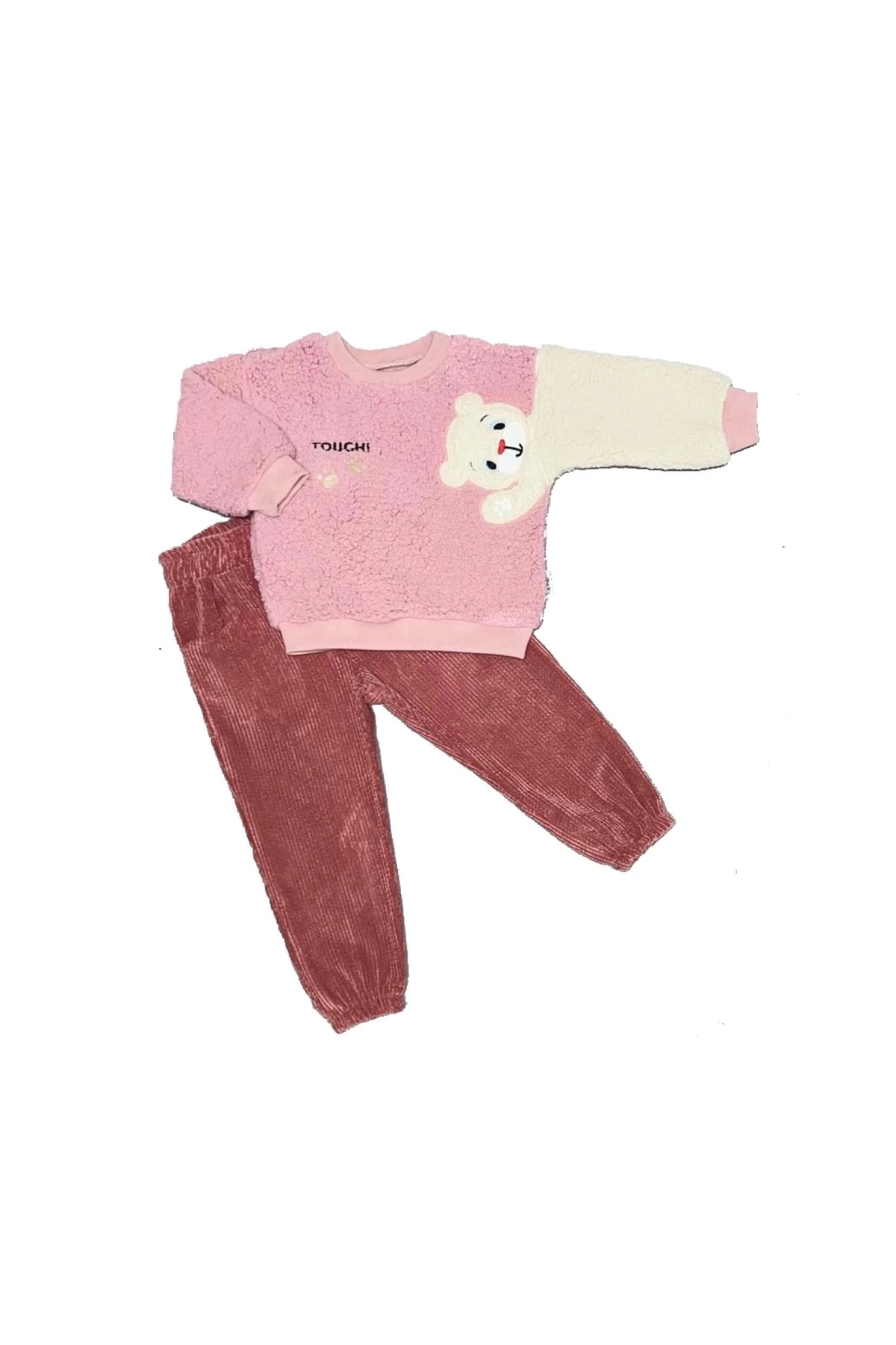 1-2-3 2-Piece Children's Set for Girls and Boys with Teddy Bear Sleeves Lamb Fabric Sweat Velvet Trousers