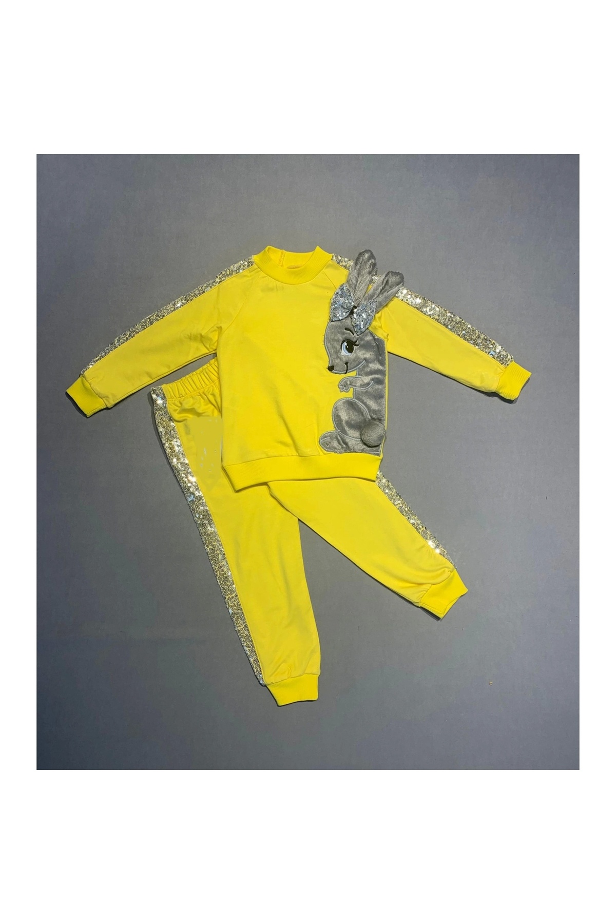 1-2-3 Years Sequined Plush Rabbit Patterned Lycra Combed Cotton Fabric Sweat Pants Girls 2-Piece Children's Set