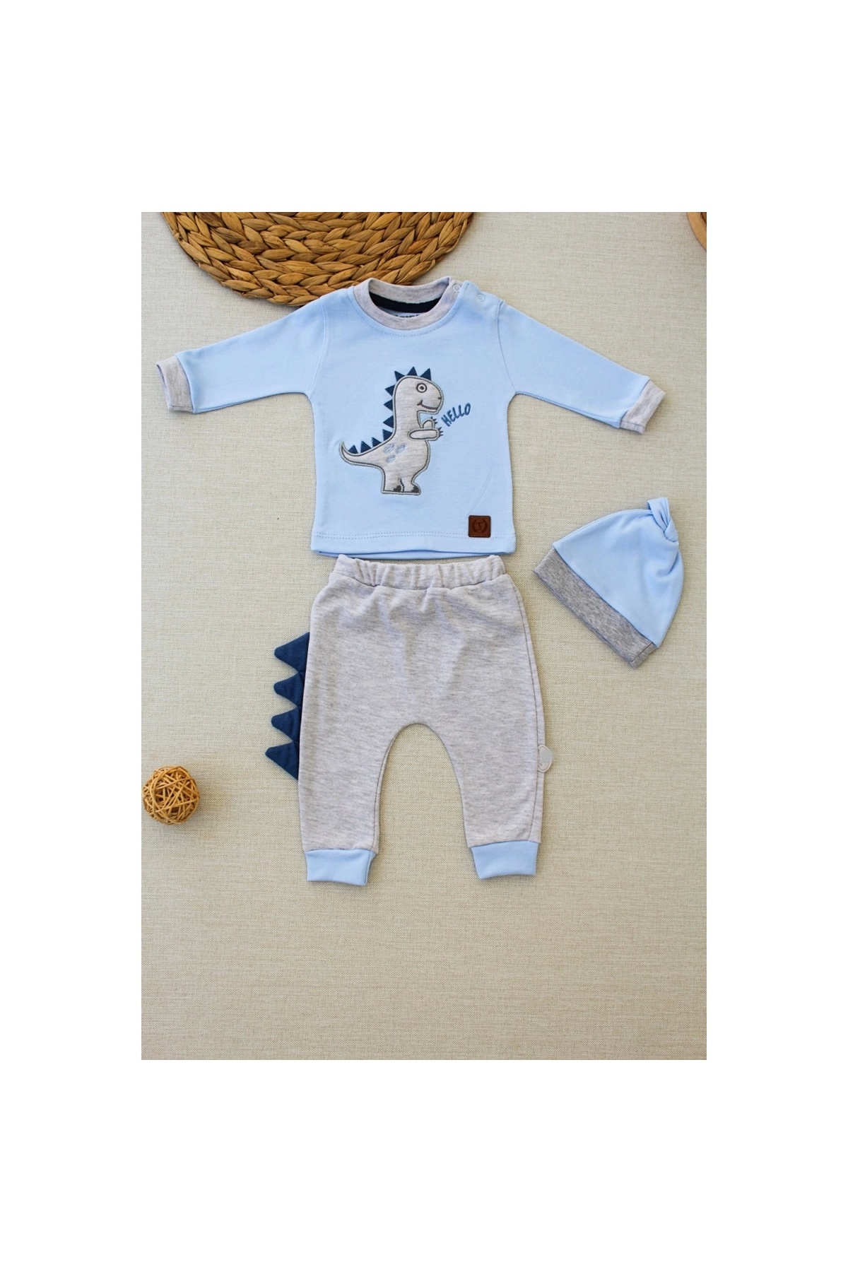 3-6 6-9 9-12 Months Little Dino Embroidered Hat Long Sleeve Sweat 3-Piece Baby Girl-Boy Set