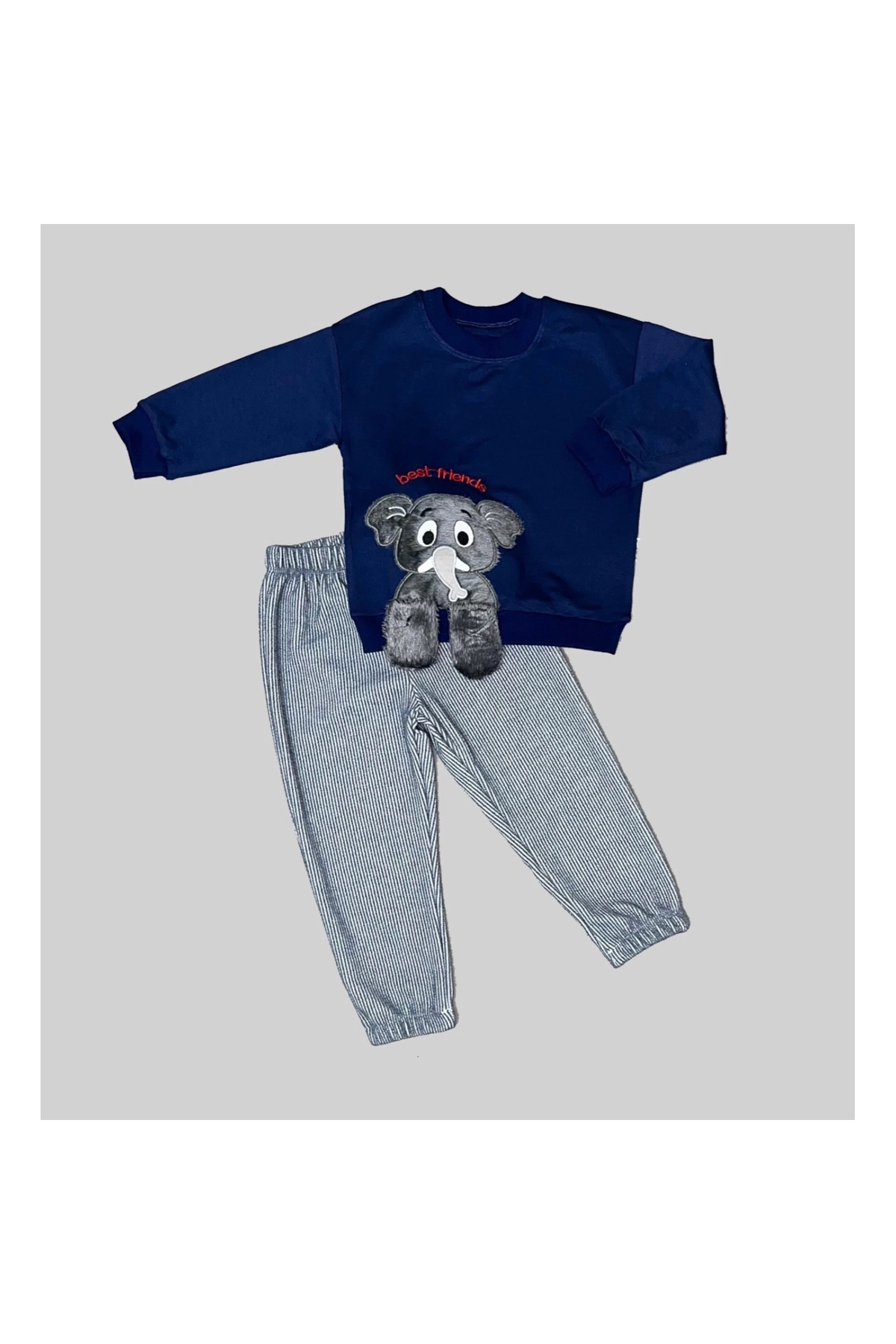 1-2-3 Years Old Elephant Rocking Foot Patterned Lycra Combed Fabric Sweat Trousers 2-Piece Children's Set for Girls and Boys