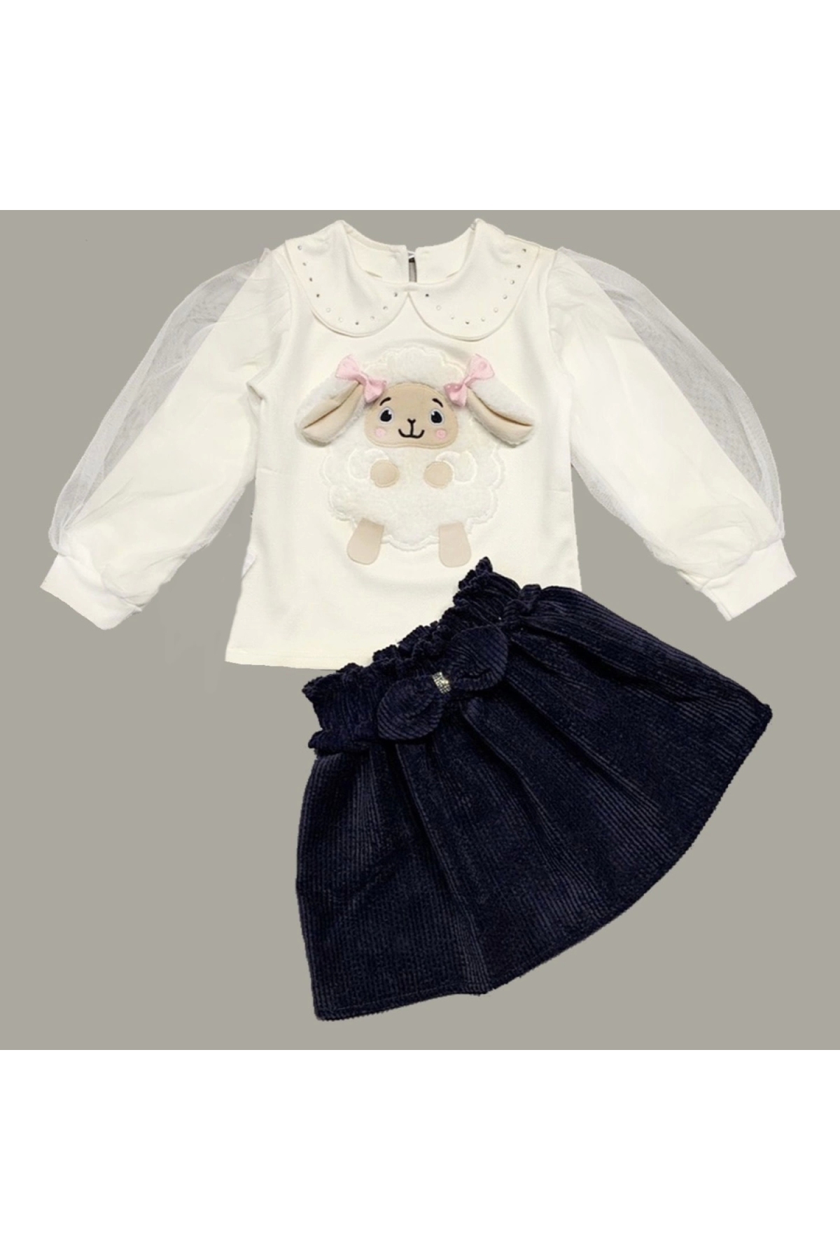 3-4-5 Years Old Corduroy Skirt, Tulle and Long Sleeve Lamb Embroidered Sweat 2-Piece Girls' Set