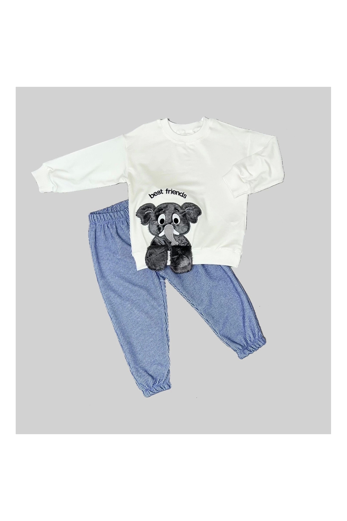 1-2-3 Years Old Elephant Rocking Foot Patterned Lycra Combed Fabric Sweat Trousers 2-Piece Children's Set for Girls and Boys