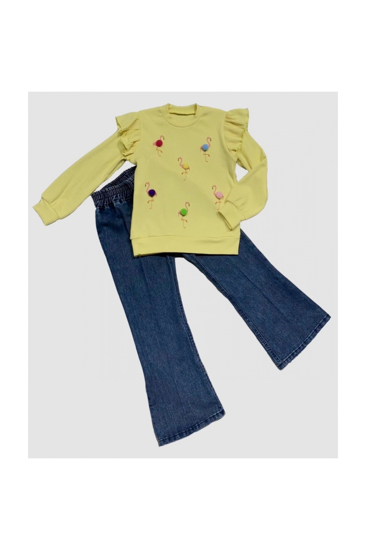4-5-6 Years Old Flamingo Patterned Combed Cotton Sweat Long Sleeve 2-Piece Girls' Set with Jeans