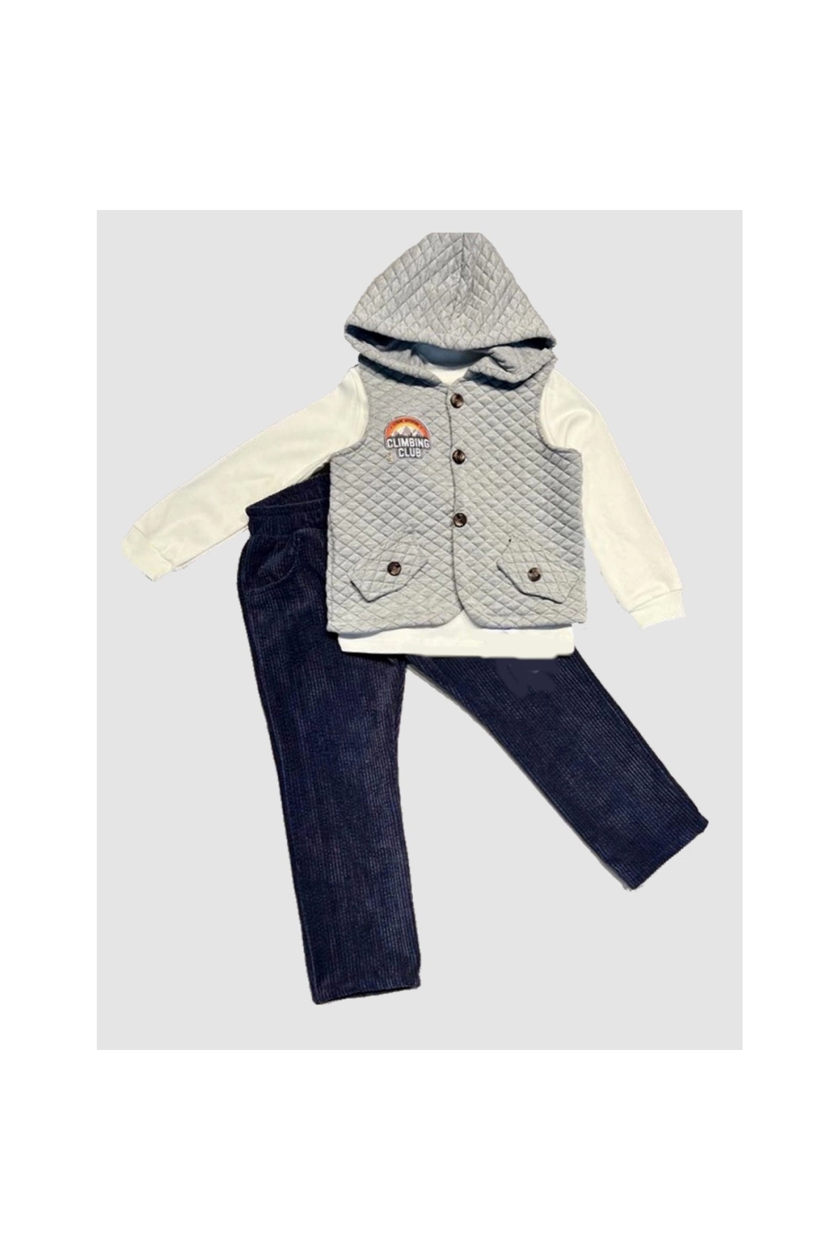3-4-5 Years Old Corduroy Trousers Quilted Hooded Vest Long Sleeve Sweat 3-Piece Boy Set