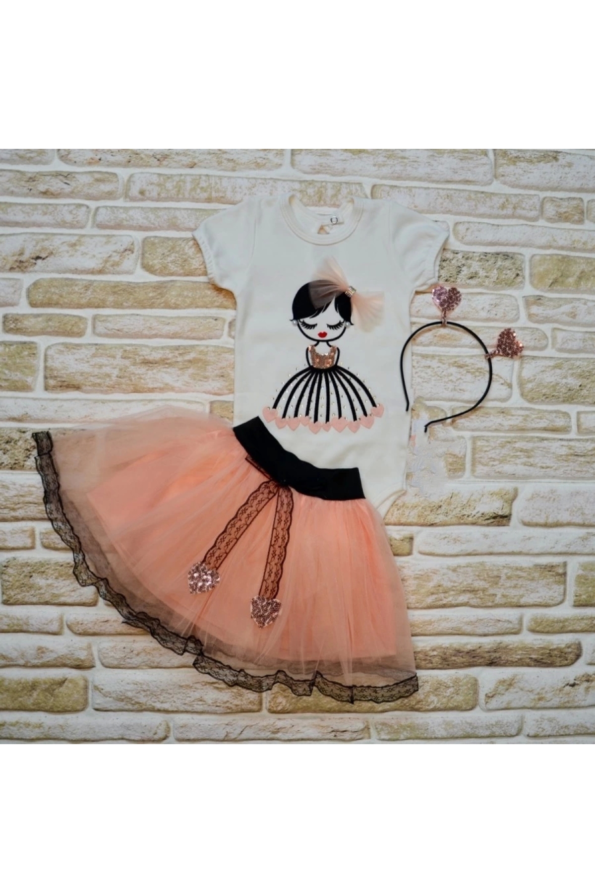 9-12-18 Months Heart Girl Embroidered Crown Short Sleeve Tutu Skirt 3-Piece Baby Girl Set