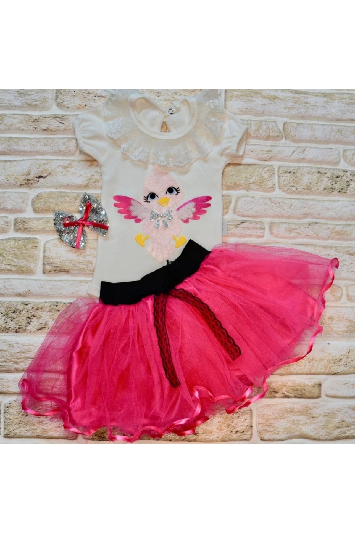 9-12-18 Months Baby Girl Set of 2 Bird Patterned T-Shirt Tutu Skirt with Buckle Gift