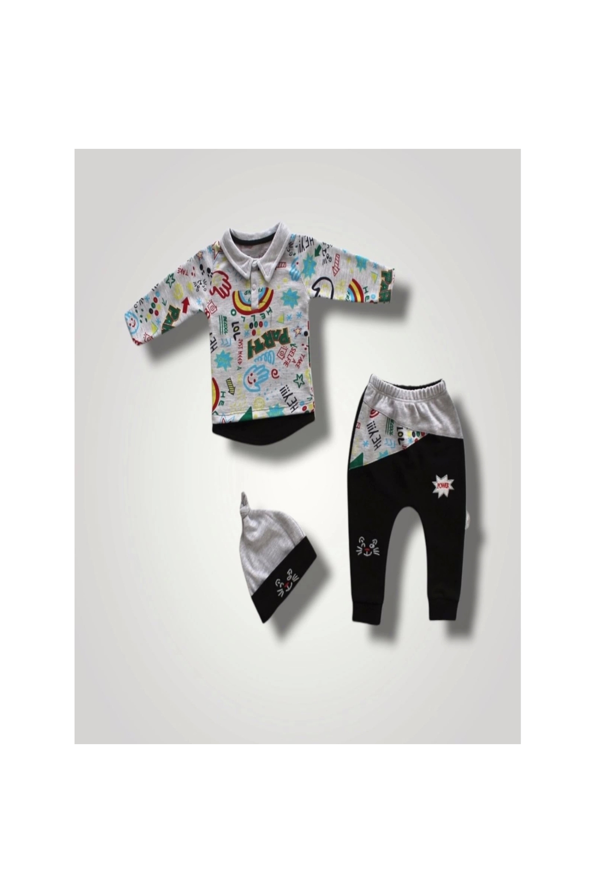 6-9 12-18 18-24 Months Power Cat Embroidered Long Sleeve Sweat Hat 3-Piece Baby Girl and Boy Set