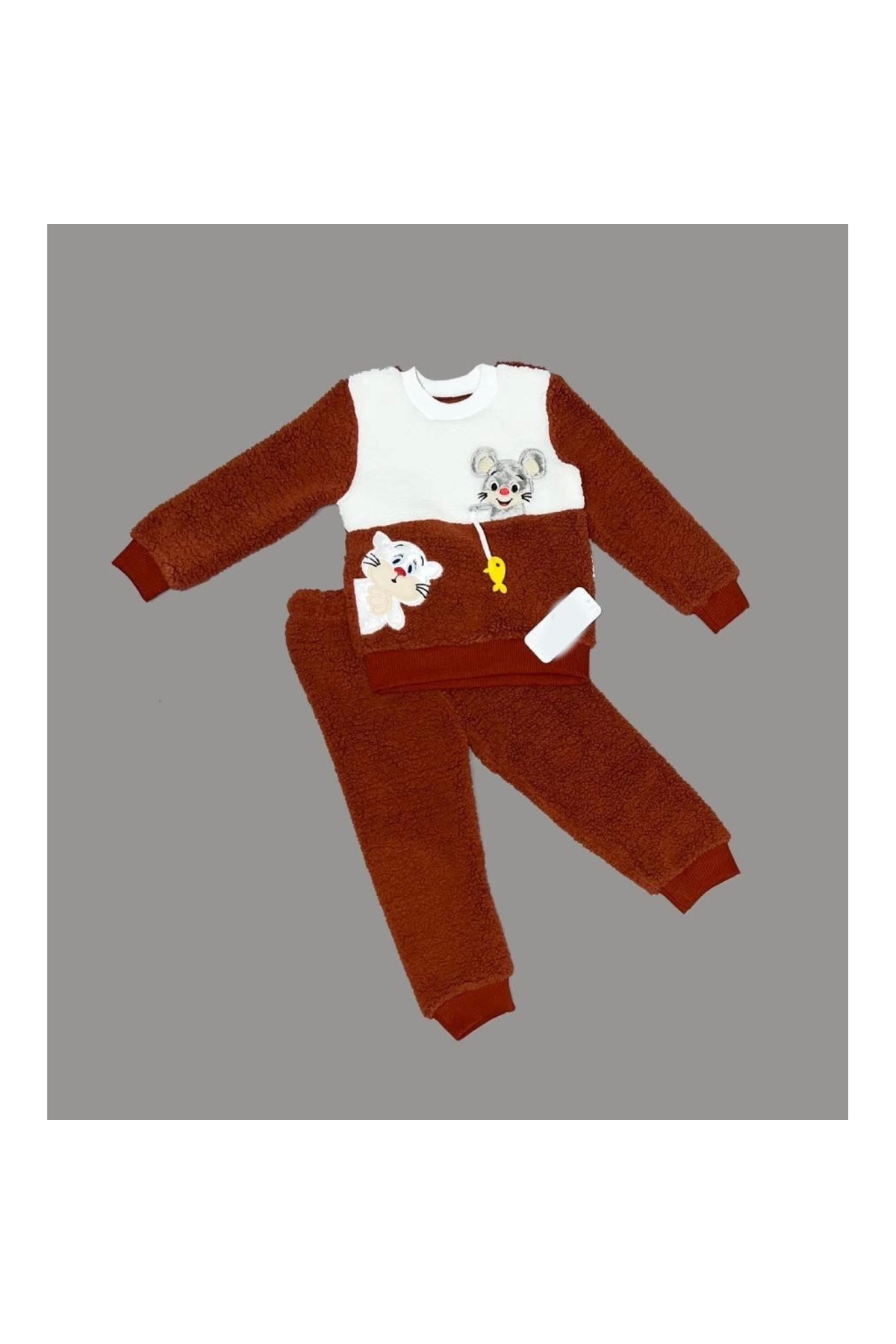 1-2-3 Years Old Swinging Fish Embroidered Lamb Fabric Sweat Trousers Long Sleeve Girls Boys 2 Piece Set
