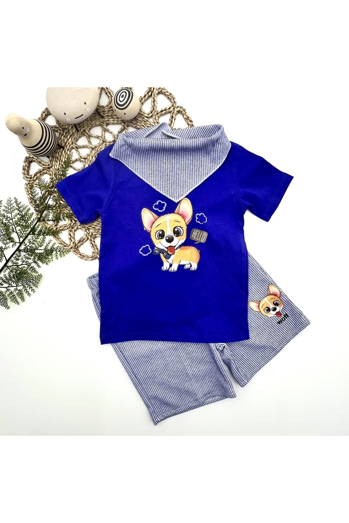 1-2-3 Years Old Puppy Printed Short Sleeve T-Shirt with Flared Shorts 3-Piece Baby Boy Set