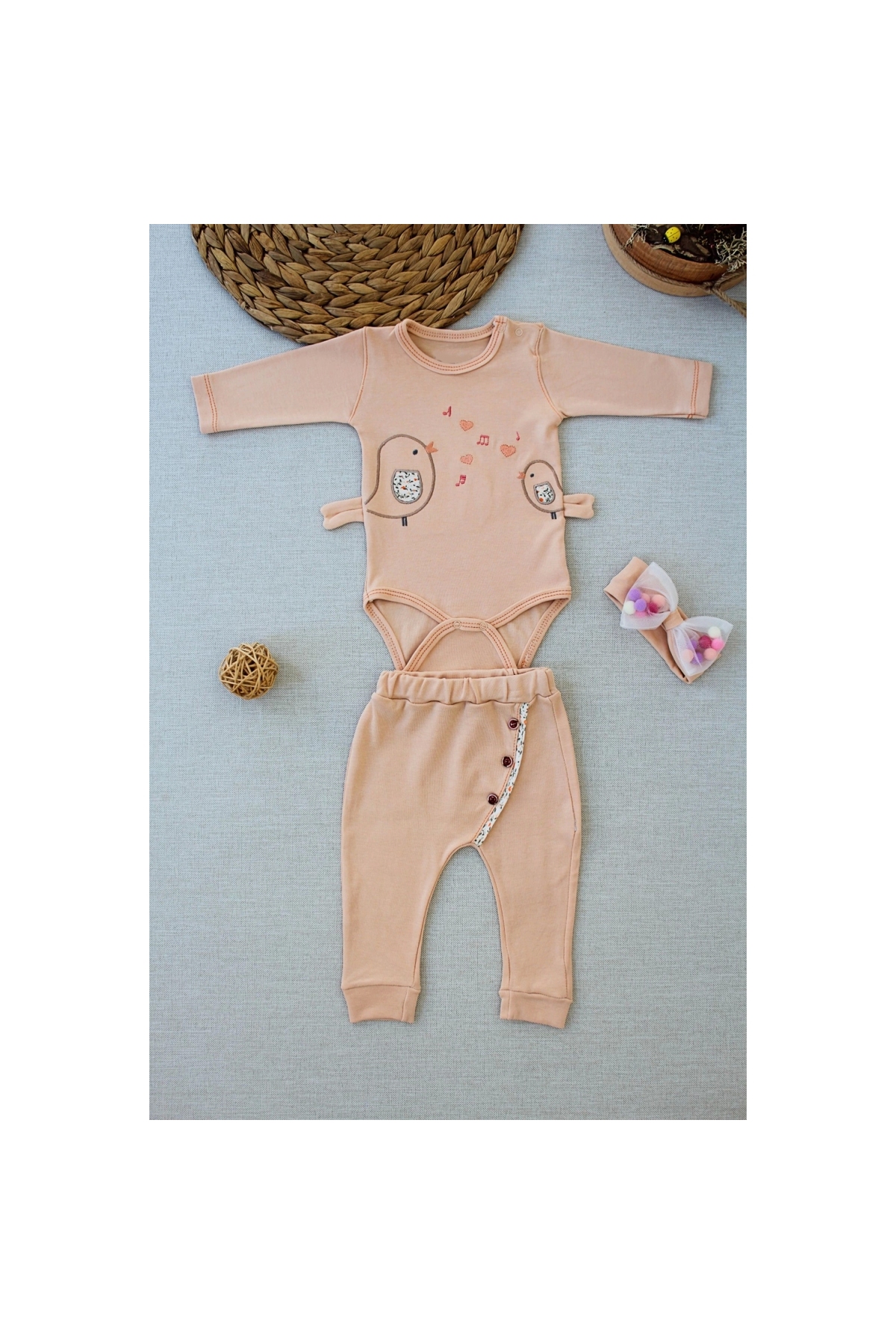 3-6 6-9 9-12 Months Song Birds Embroidered Bandana Long Sleeve Bodysuit 3 Piece Baby Girl Set