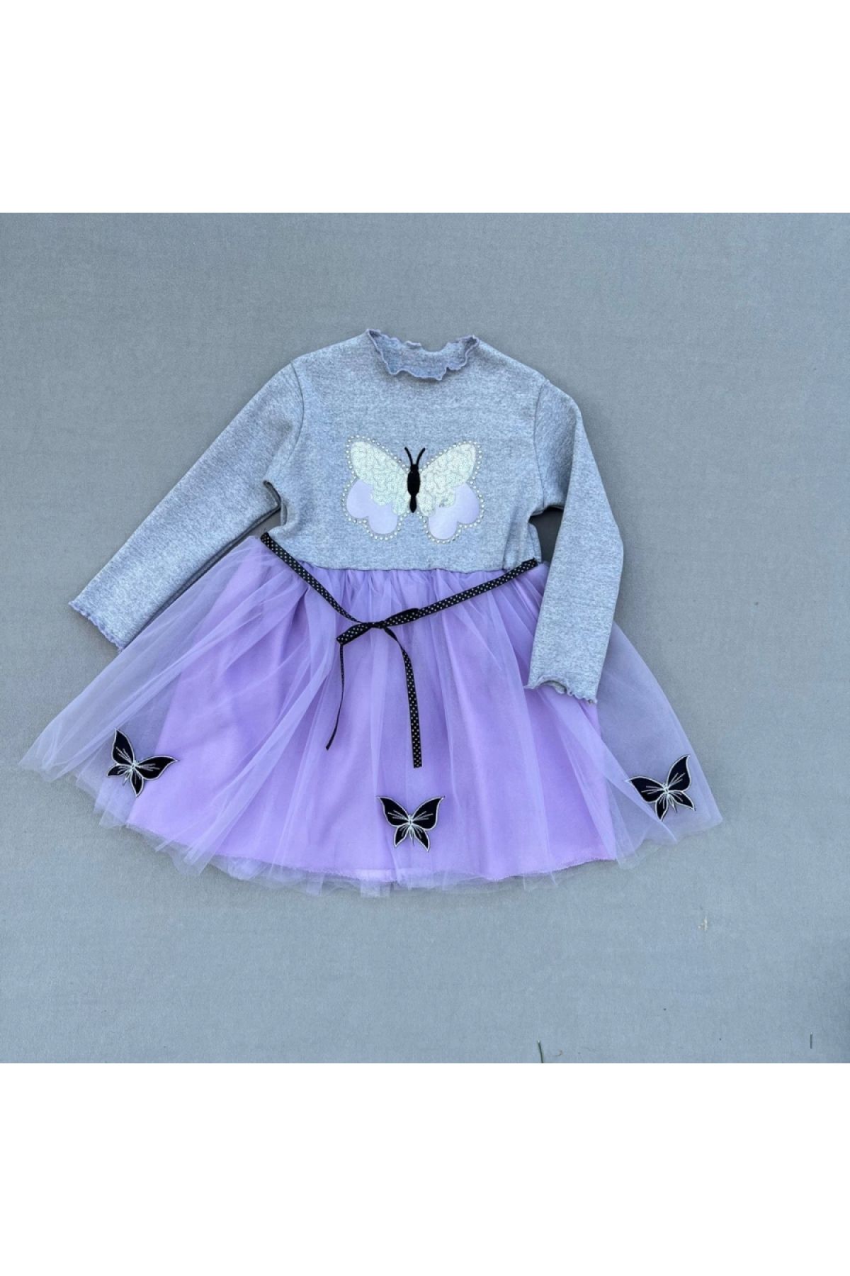 5-6-7 Years Old Girl's Stoned Butterfly Patterned Ribbon Belted Lined Tutu Dress