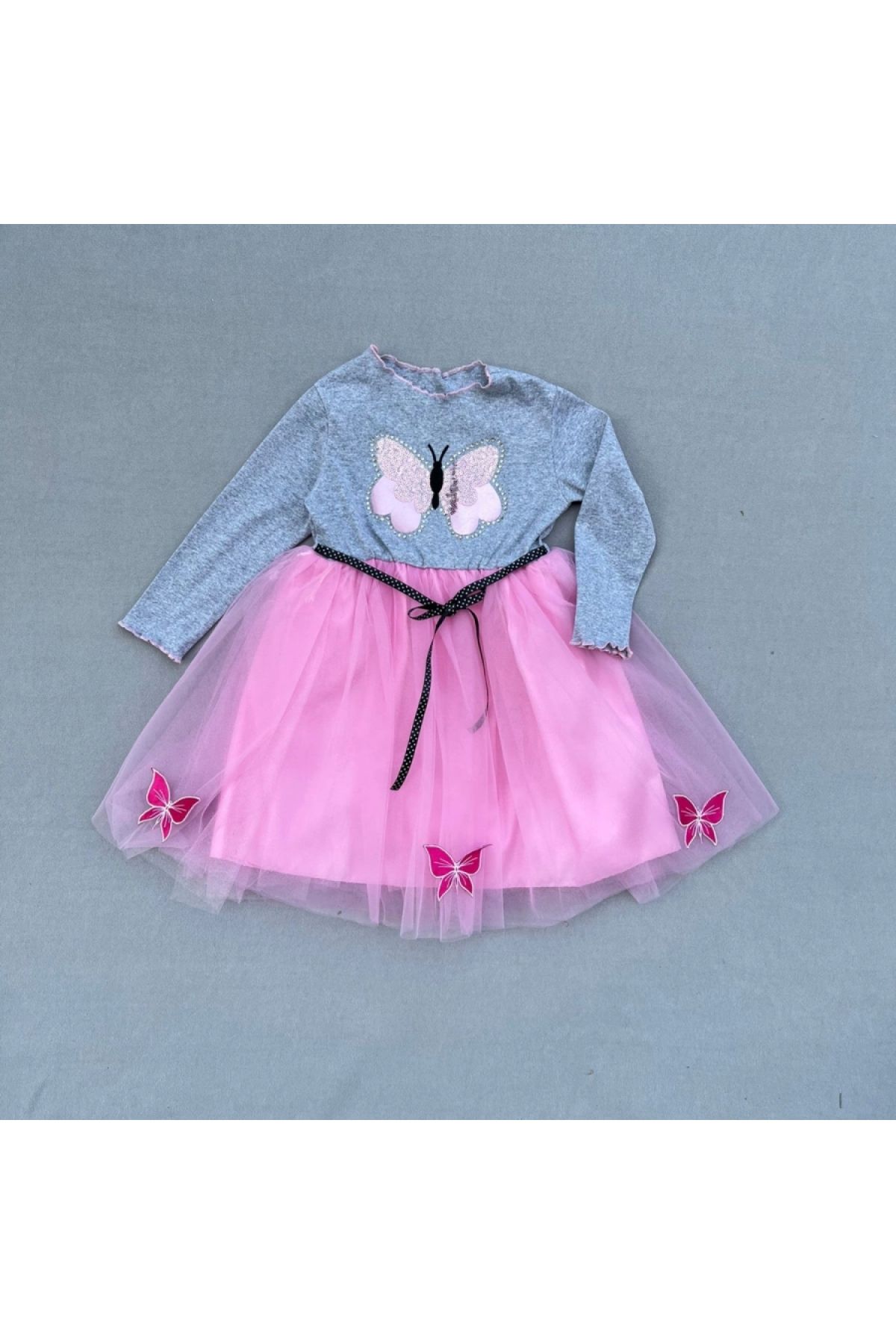 5-6-7 Years Old Girl's Stoned Butterfly Patterned Ribbon Belted Lined Tutu Dress