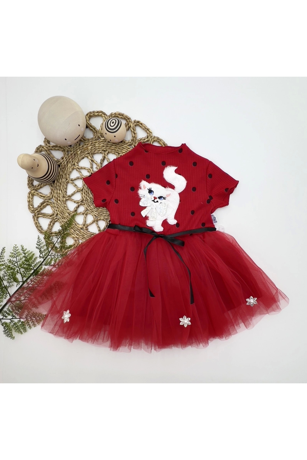 1-2-3 Years Old Sequined Kitten Printed Polka Dot Baby Girl Dress