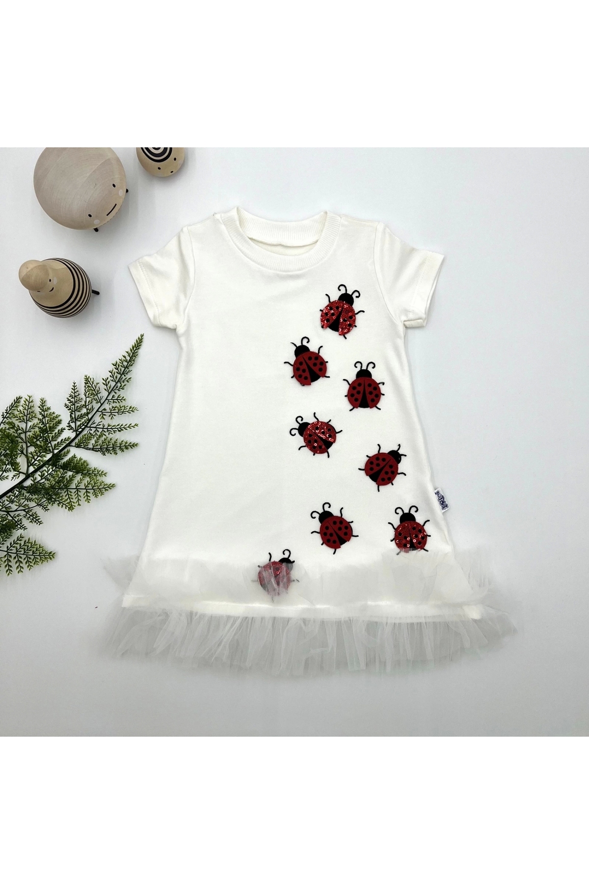 1-2-3 Years Old Ladybug Embroidered Ruffle End Girl's Gilet Dress