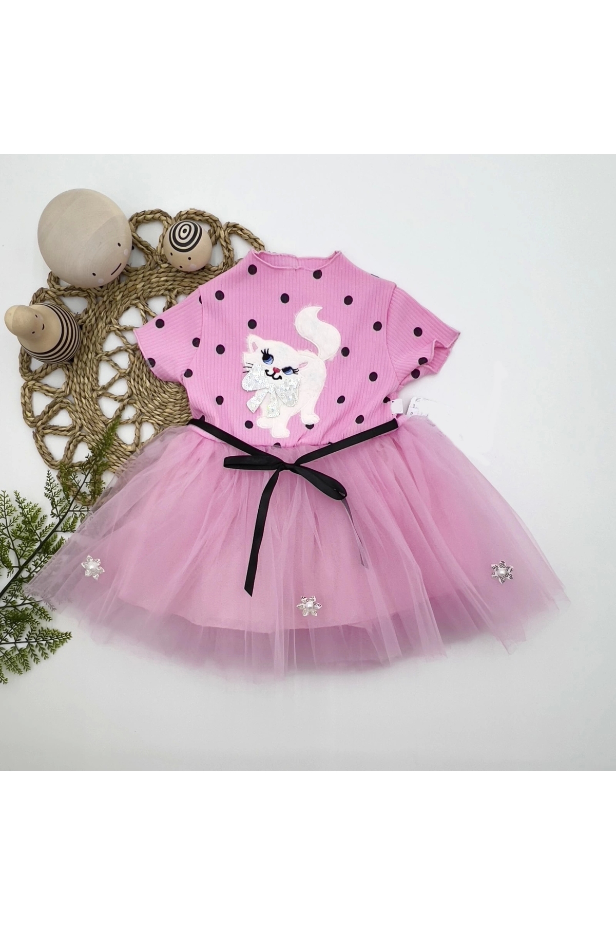 1-2-3 Years Old Sequined Kitten Printed Polka Dot Baby Girl Dress