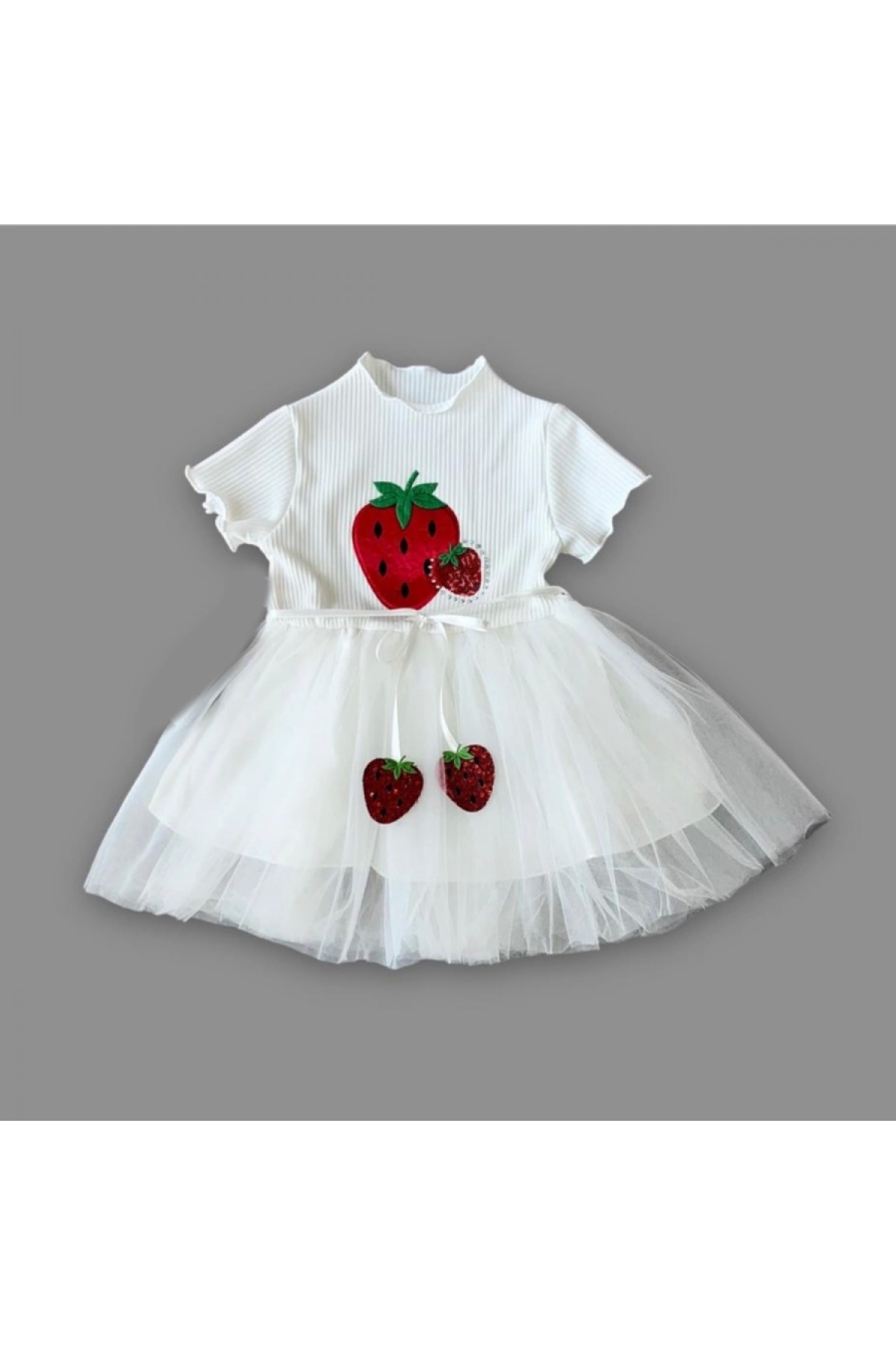 1-2-3 Years Old Sequined Strawberry Printed Strawberry Belted Baby Girl Dress