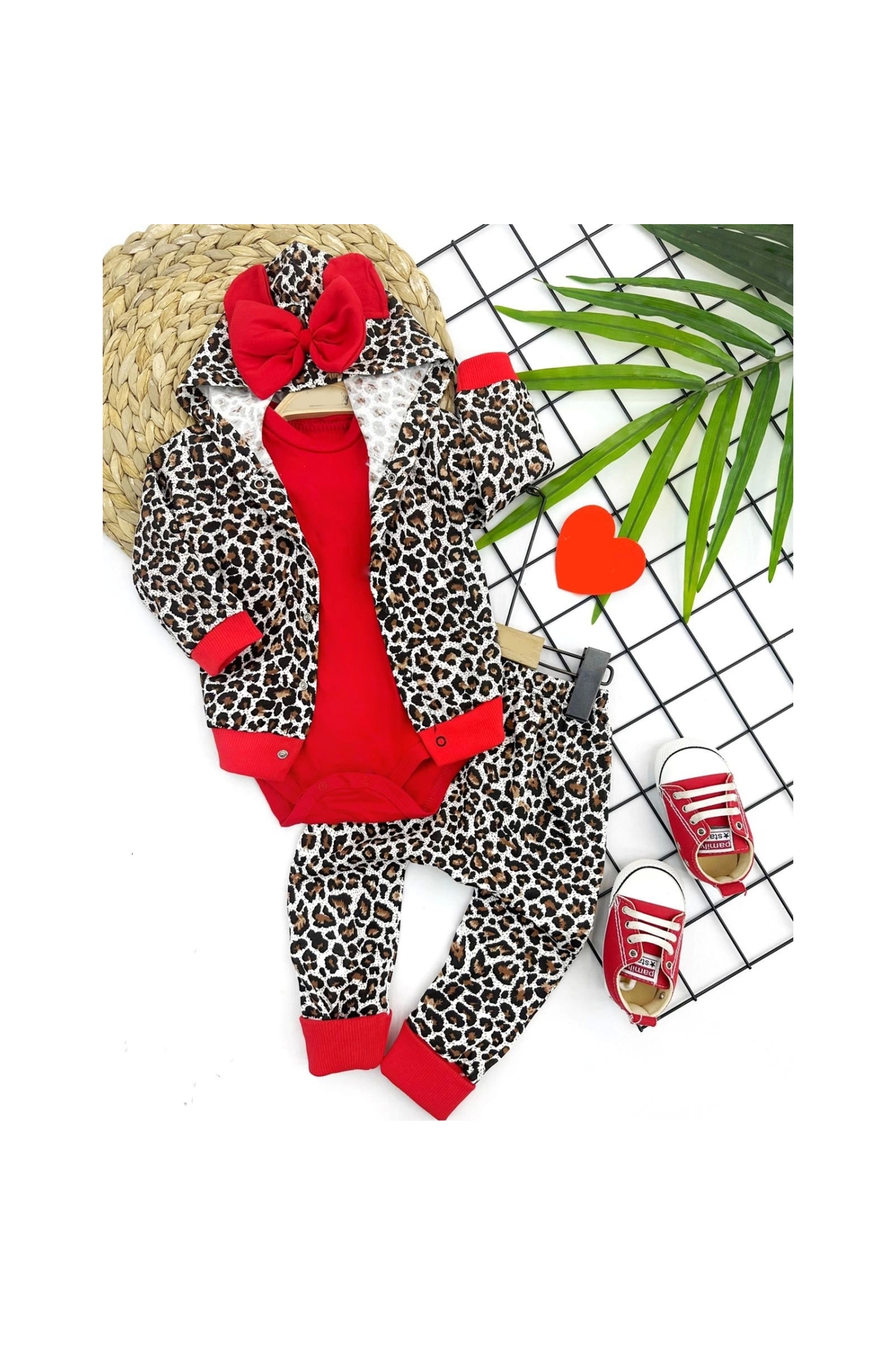 3-6-9-12 Months Leopard Patterned Bow Hooded Jacket and Bodysuit 3-Piece Baby Girl Set