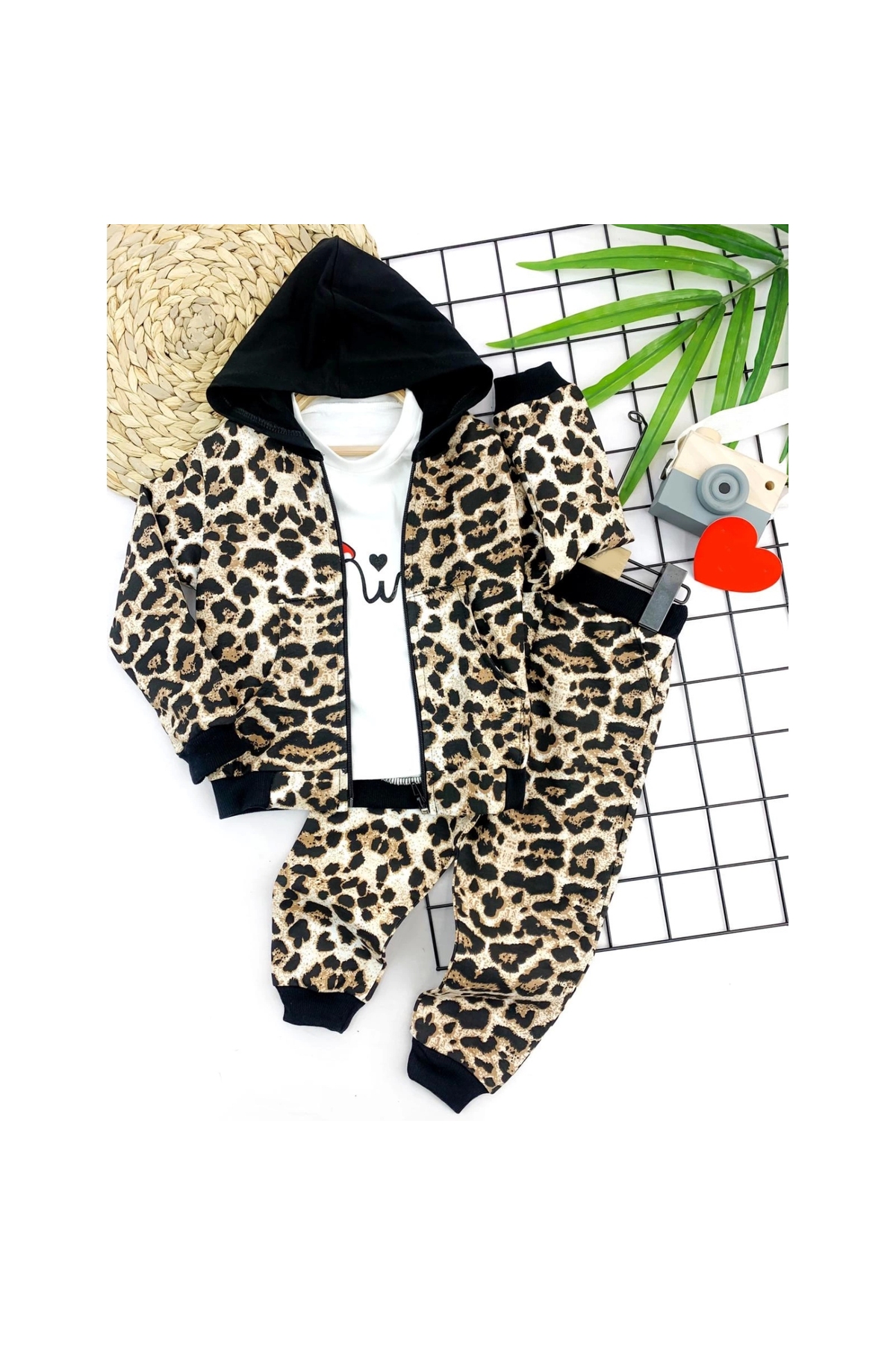 2-3-4-5 Years Old Hooded Leopard Patterned Sweatshirt 3-Piece Girl Set