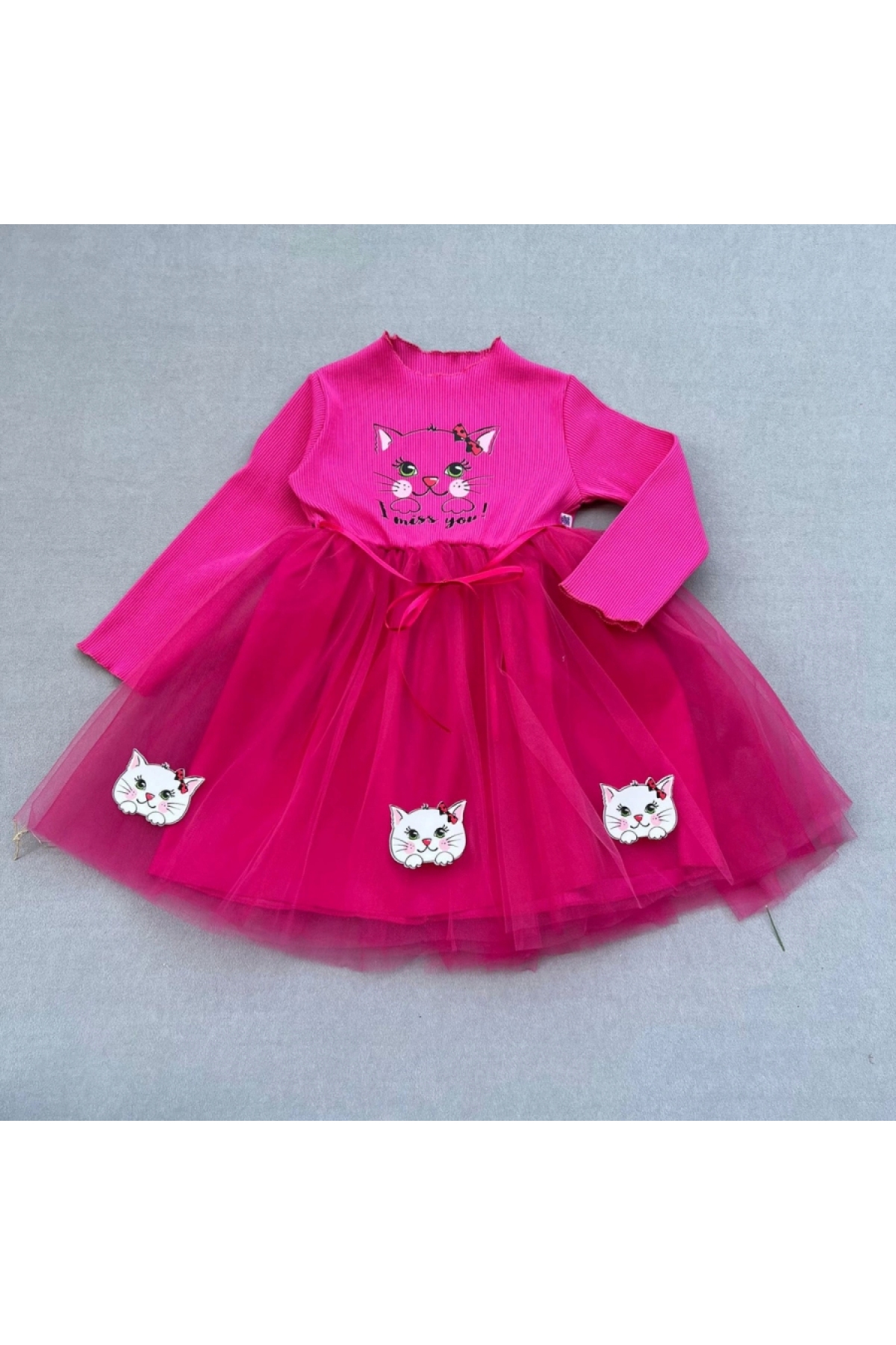 5-6-7 Years Old Little Cat Patterned Ribbon Belted Lined Girls Tutu Dress