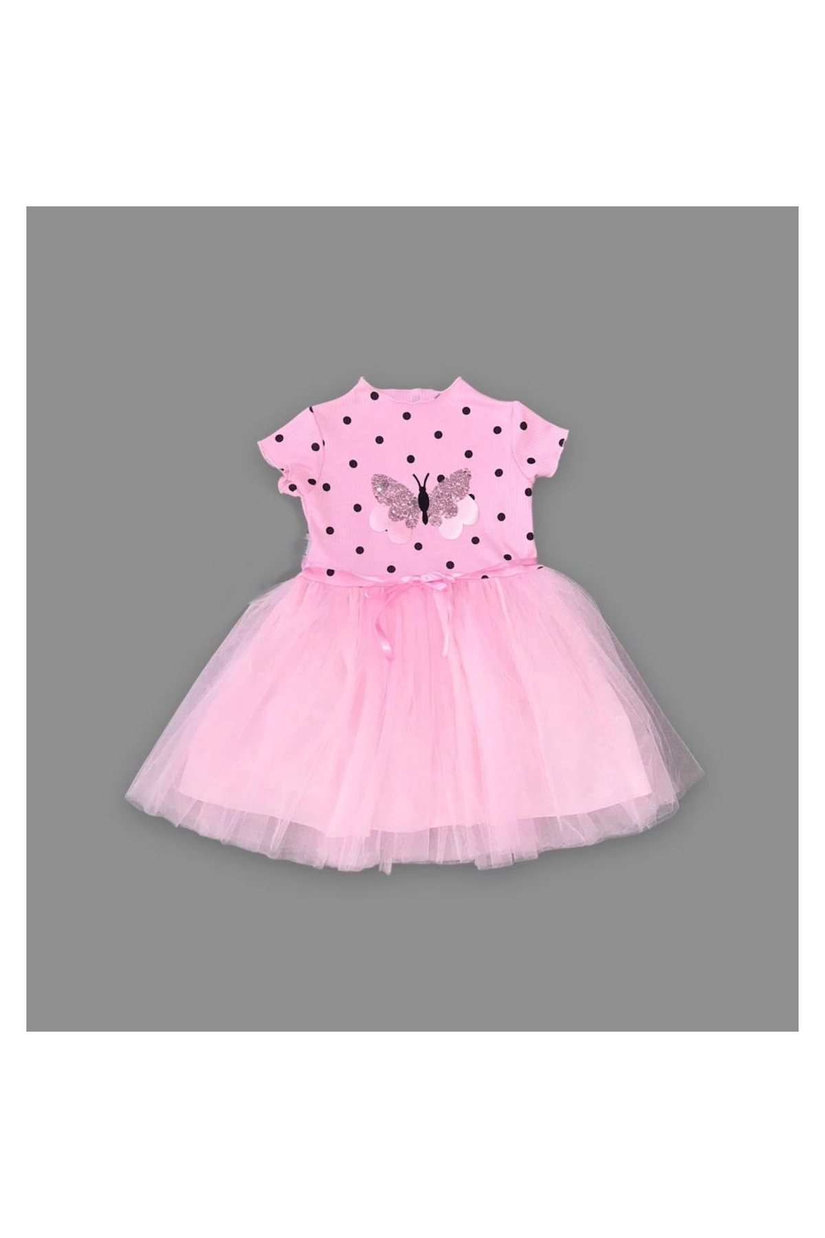 5-6-7 Years Old Sequined Butterfly Patterned Polka Dot Girl's Dress