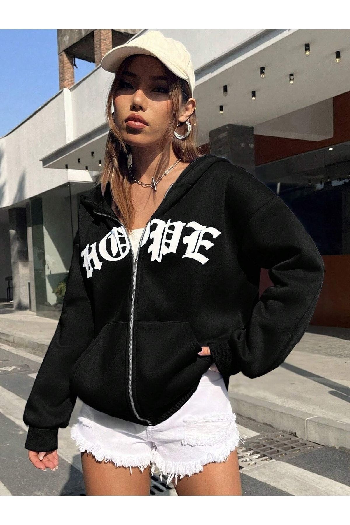 MODARİCH Hope Hırka - Siyah Baskılı Kışlık Oversize Kapüşonlu Fermuarlı Cep Detaylı Hırka görsel 6