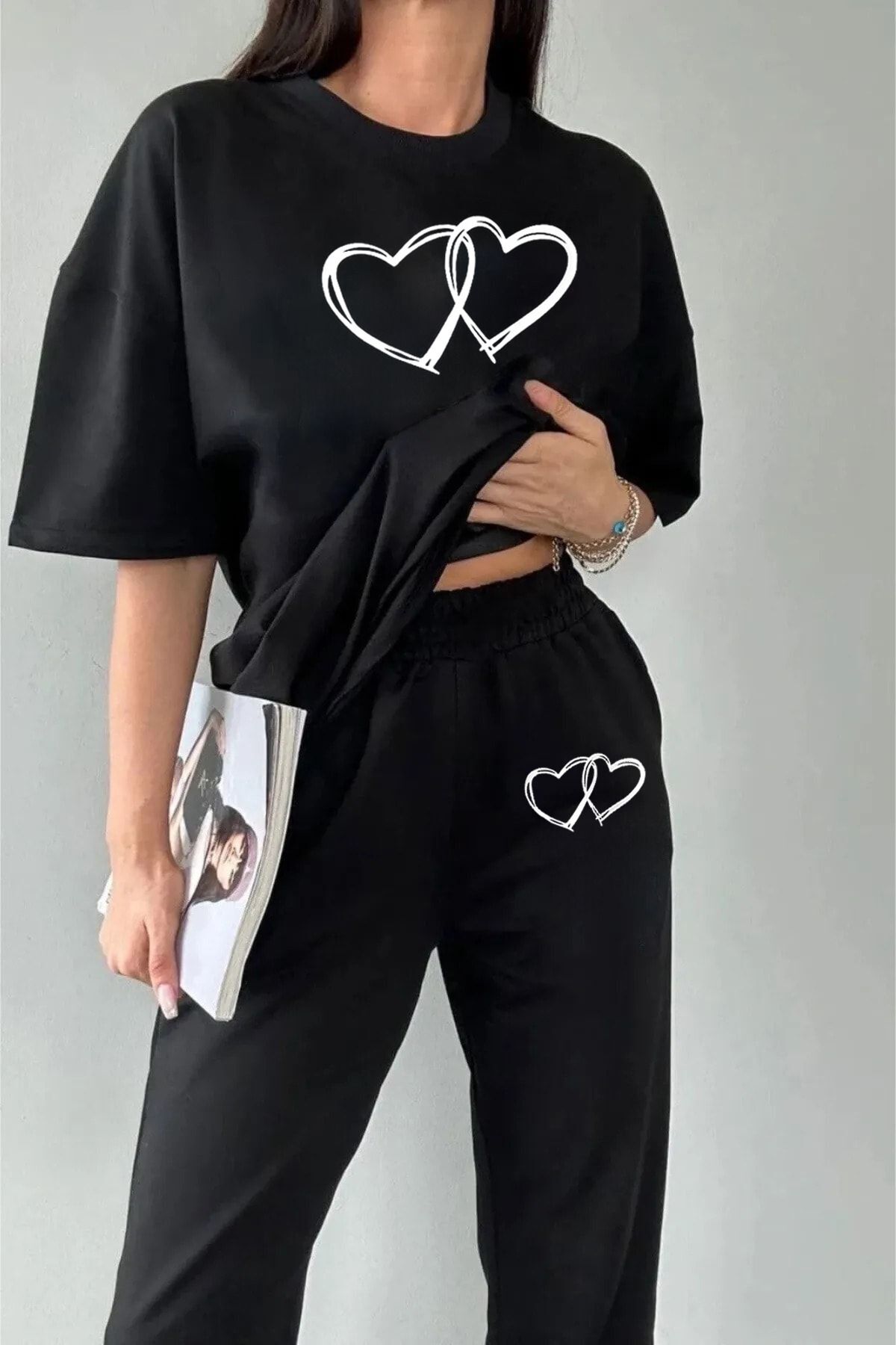 Çift Kalp T-Shirt Eşofman Altı -   Siyah Jogger Tişört Alt Üst Eşofman Takımı Bisiklet Yaka — مشکی CFKLPESTKM-MR — تصویر 2 از 2