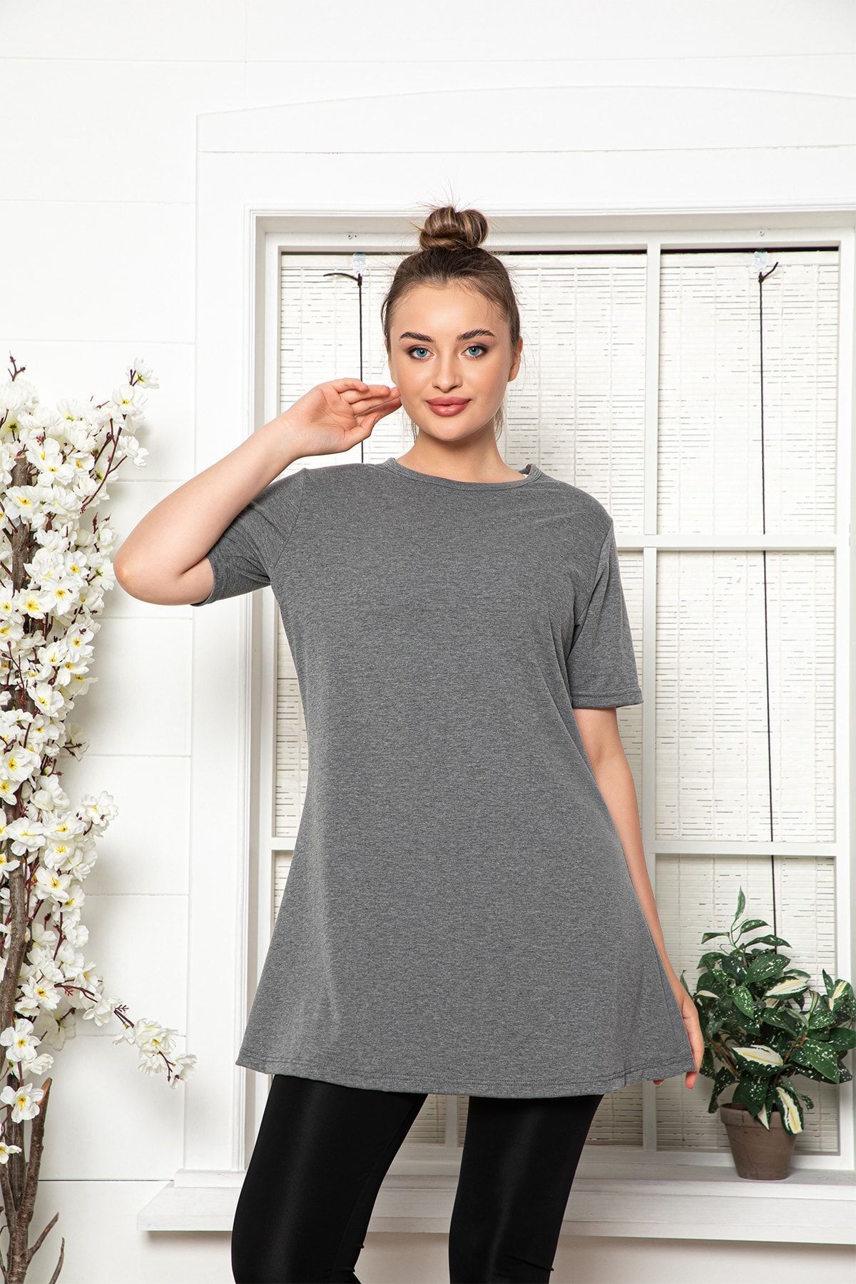 MyBen-Women's Anthracite Short Sleeve Cotton Crew Neck Combed Cotton Tunic 4
