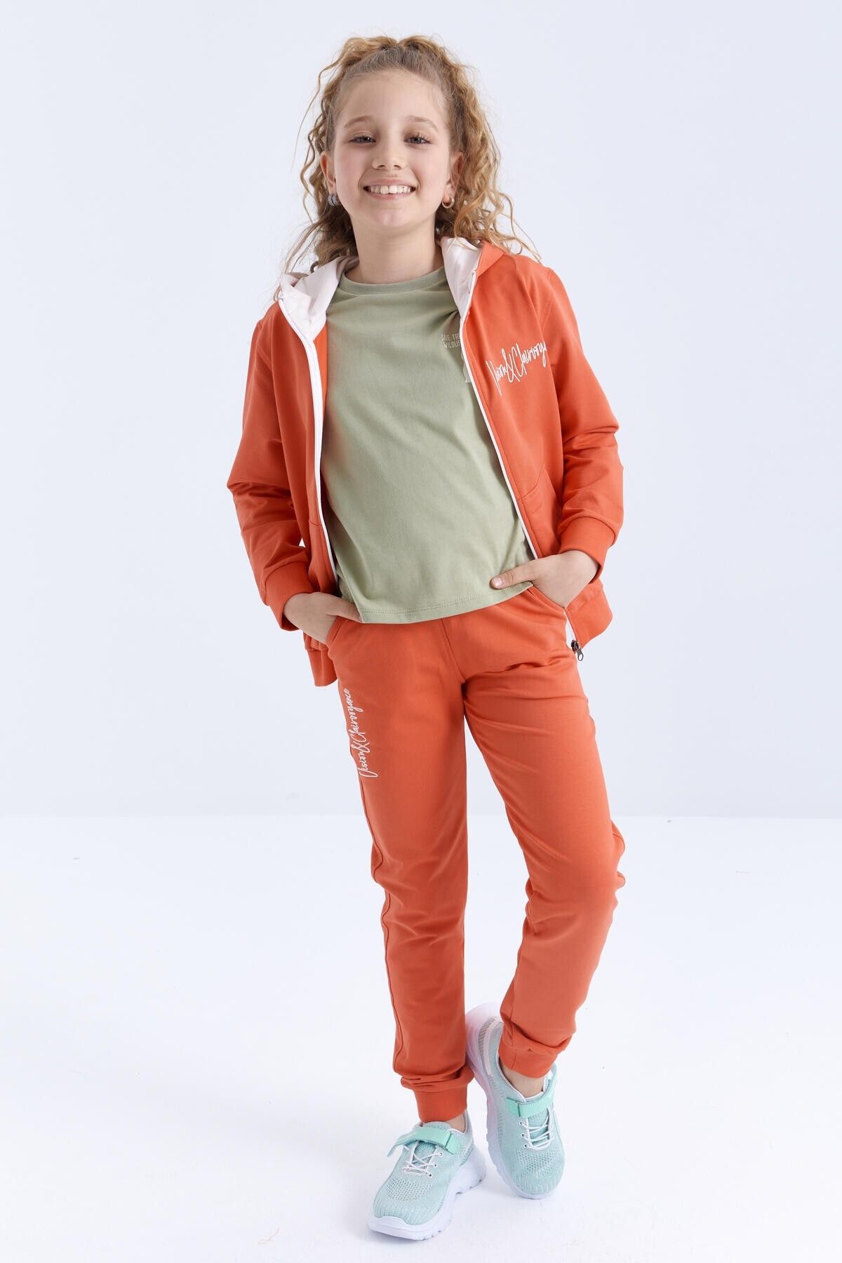 TOMMY LIFE-Trainingsanzug-Set für Mädchen – orangefarbene Textstickerei, Kapuze, bequeme Form – 75057 3