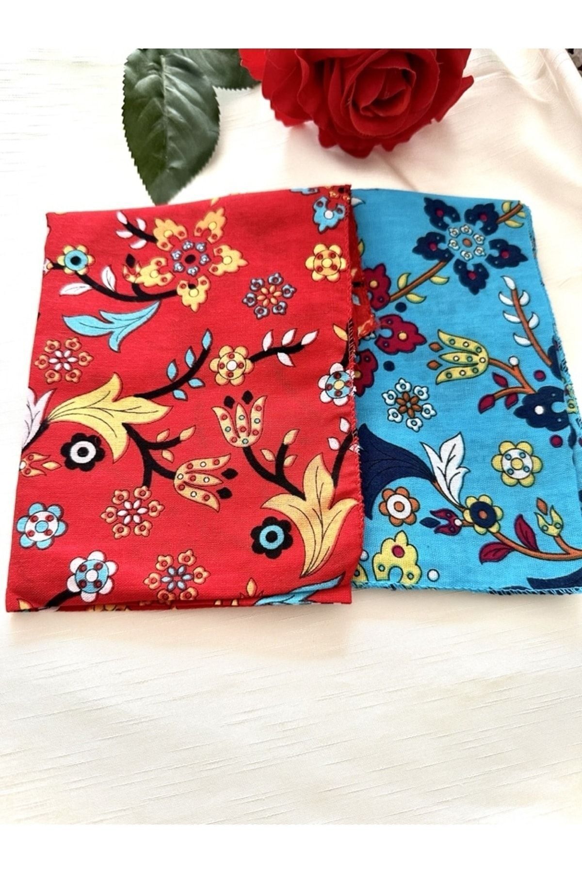 Mavi Ve Kırmızı Renk Ikili Çiçek Desenli %100 Koton Bandana, Saç Bandı 3