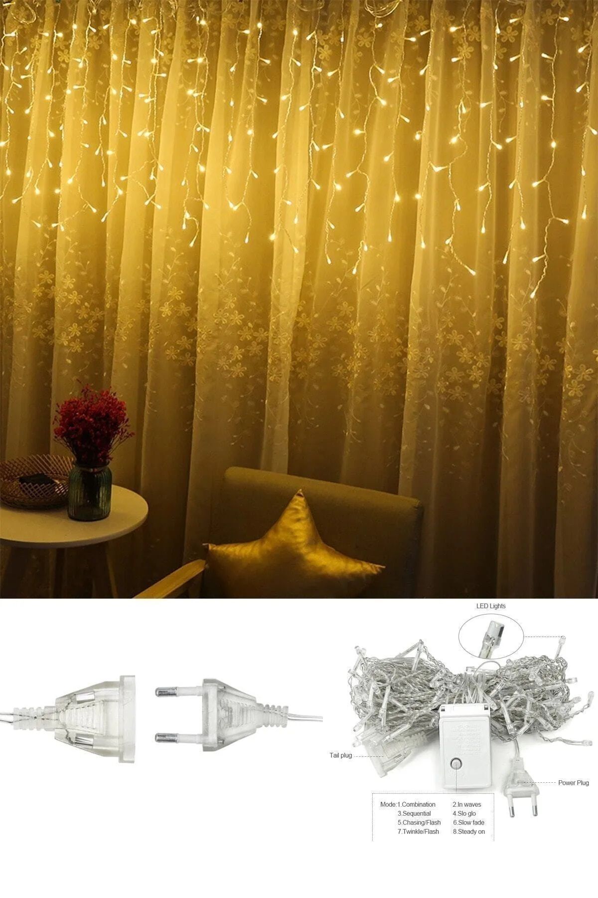 MENFRY-Fringe Curtain LED 4 Meters 96 Pieces of Light 19 Fringe 8 Modes Animated Add-on Plug 5
