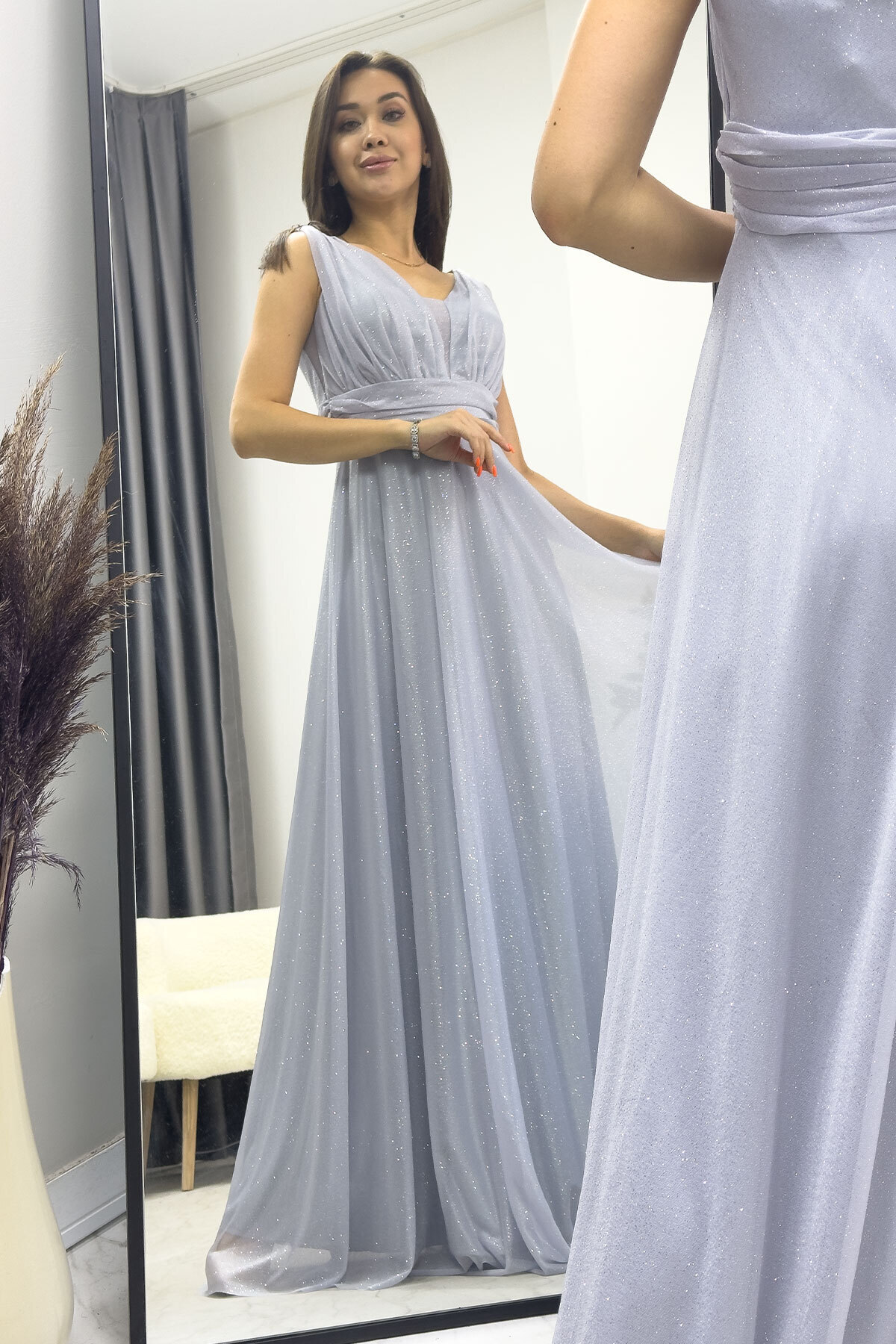 zks grup tekstil-Purple Gray Powder Women'S Evening DreSS - PluS Size, TranSparent Detailed, Zero Sleeve 1