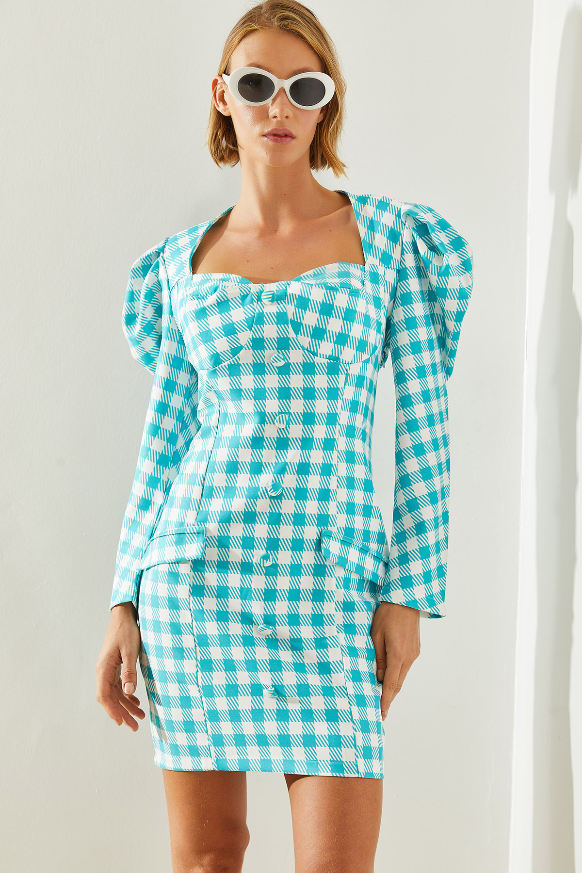 Bianco Lucci Kadın Ekose Desenli Karpuz Kol Kemerli Vintage Elbise 21532 60251648