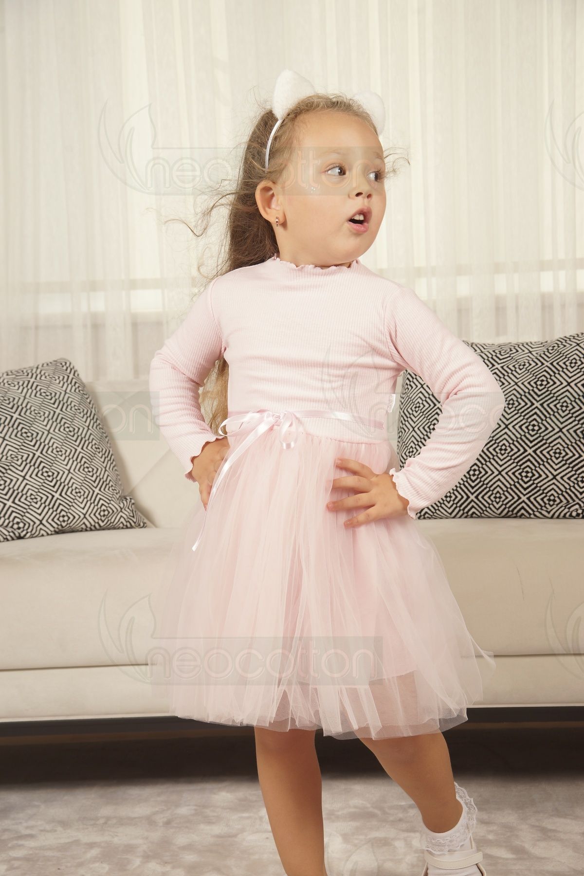 neocotton-Rochie de prințesă cu mânecă lungă, cu tul și căptușeală cu nervuri fără imprimeuri, pentru fete 6