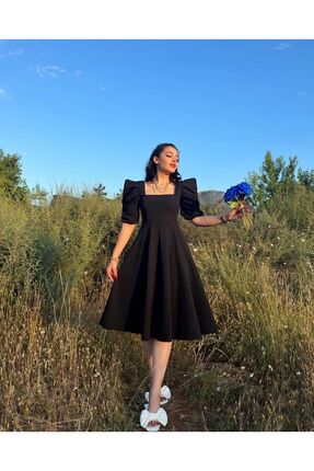 GDS BUTİK Karpuz Kol Midi Boy Kloş Kare Yaka Elbise