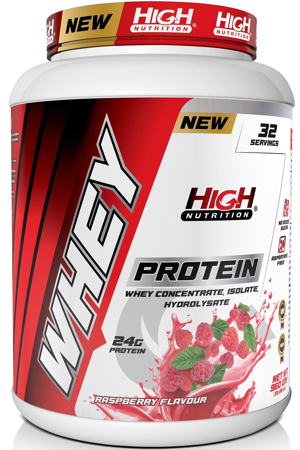 High Nutrition Whey Protein 960 gr Ahududu Aromalı Protein Tozu 24 gram Protein 32 Servis