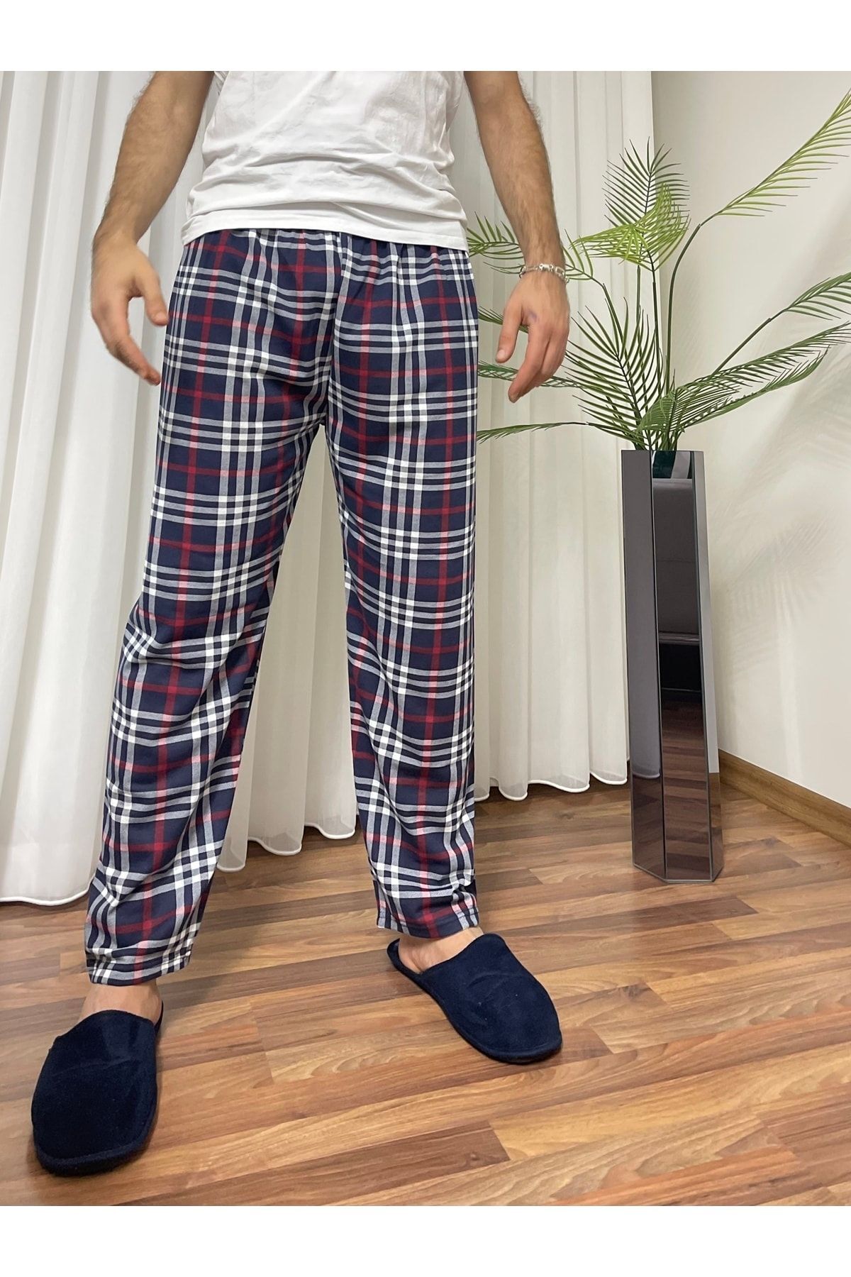 Betimoda Erkek Cepsiz Beli Lastikli Pijama Altı Eşofman Koyu Lacivert Kare