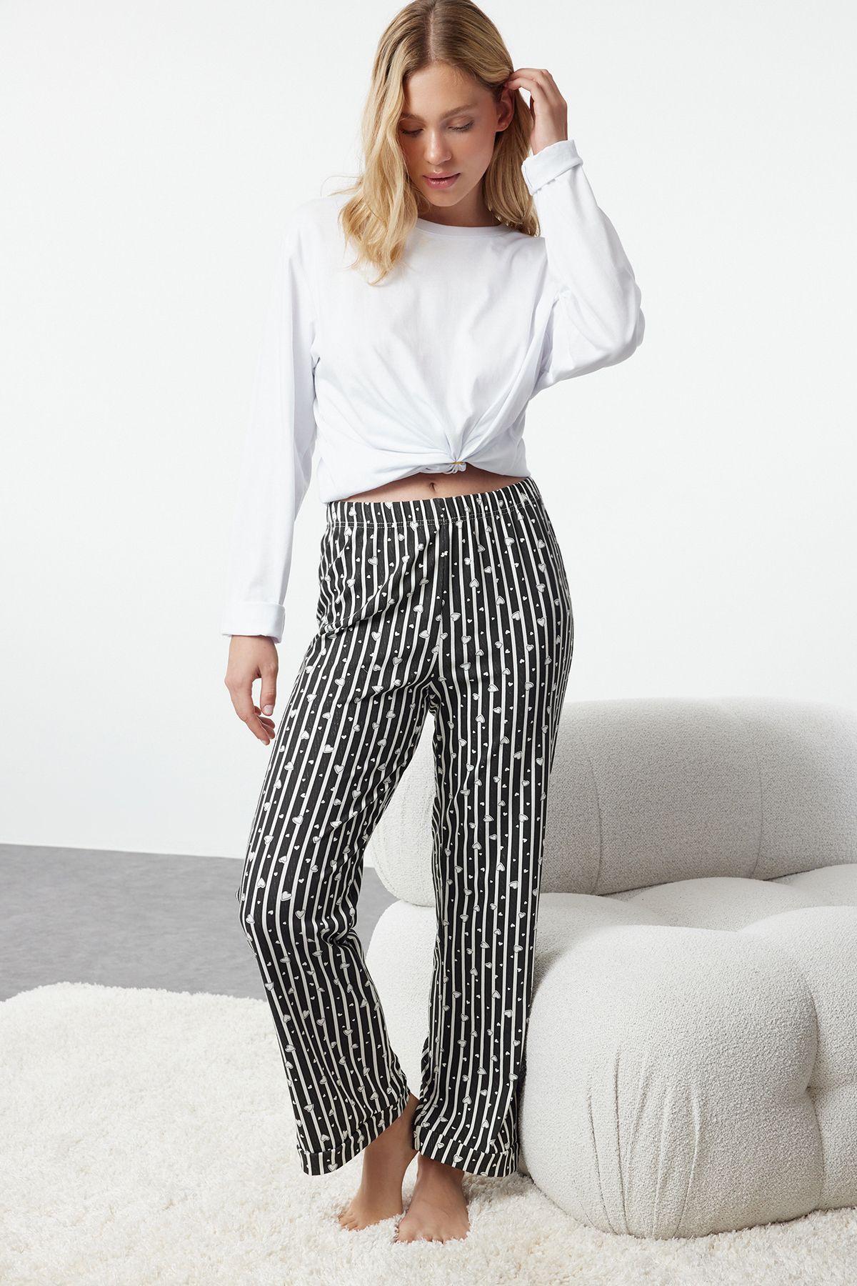 Trendyol Collection Hearted Black Striped Cotton Pajama Bottoms Thmss23Pj00002 Trendyol