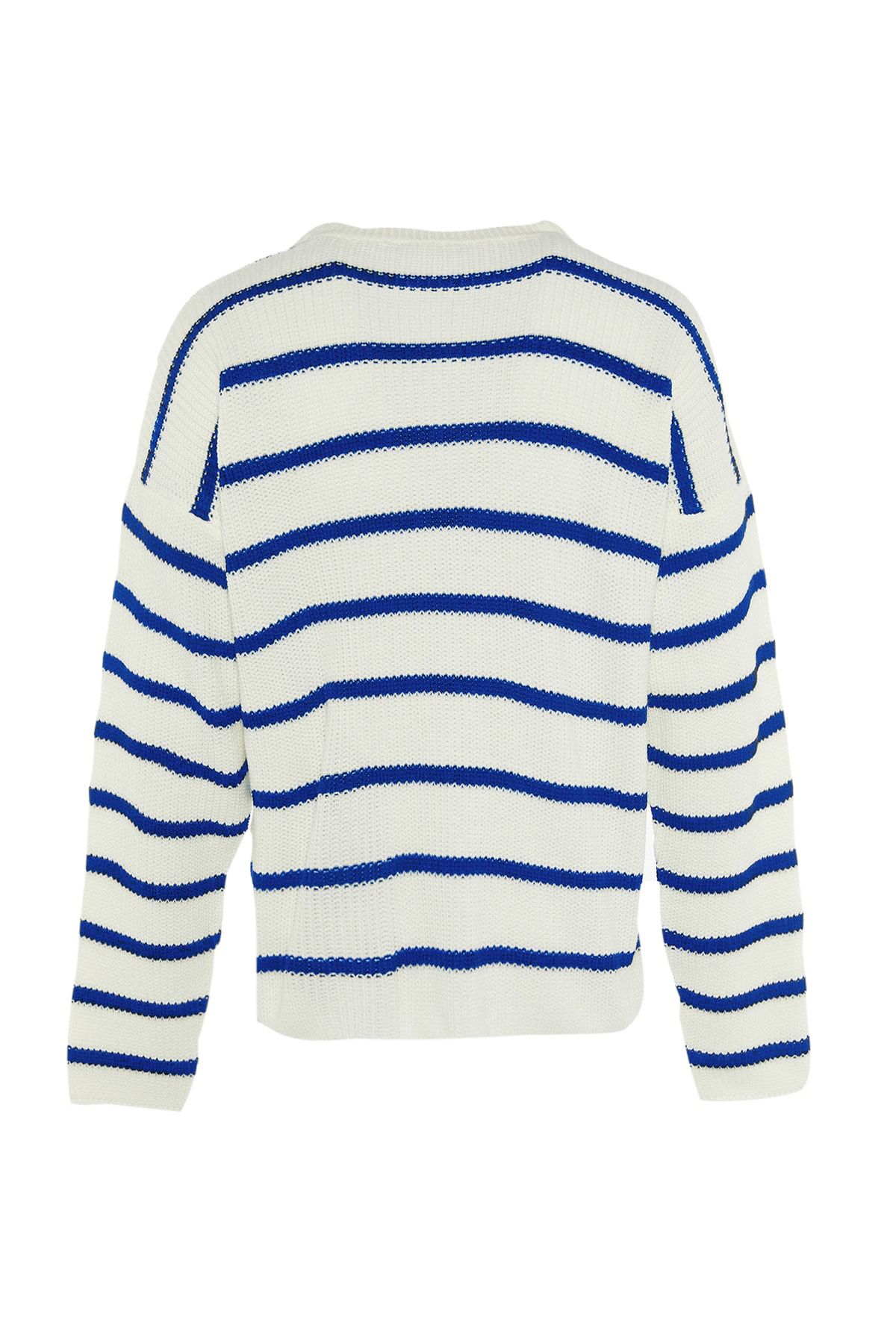 Trendyol Collection-Πλεκτό πουλόβερ Oversize Saks ριγέ - Crew Neck TMNAW23KZ00285 9