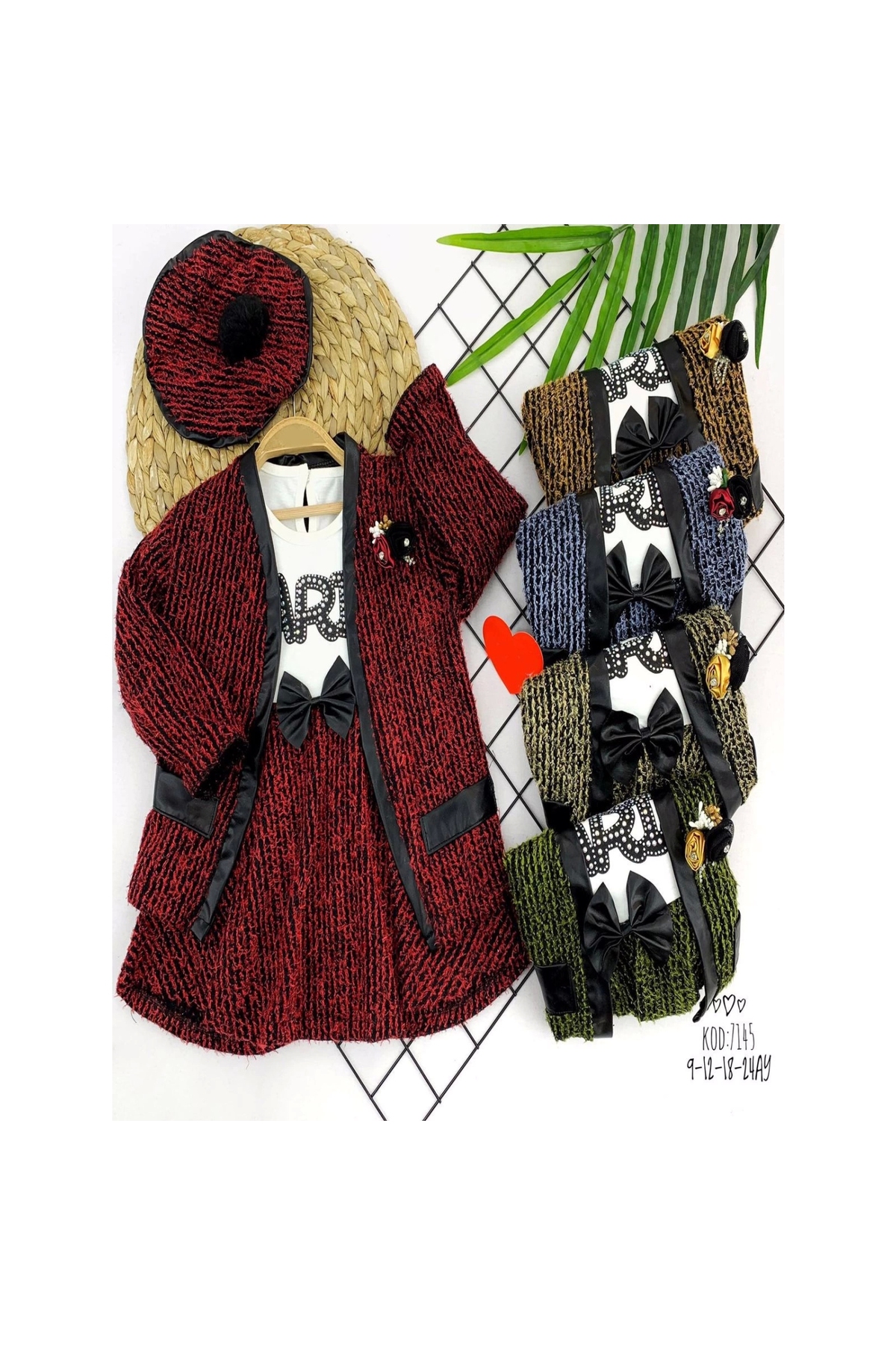 9-12-18-24 Month Collar Rose Detailed Pocket Vest and Hat Long Sleeve Knitted Fabric Baby Girl Set