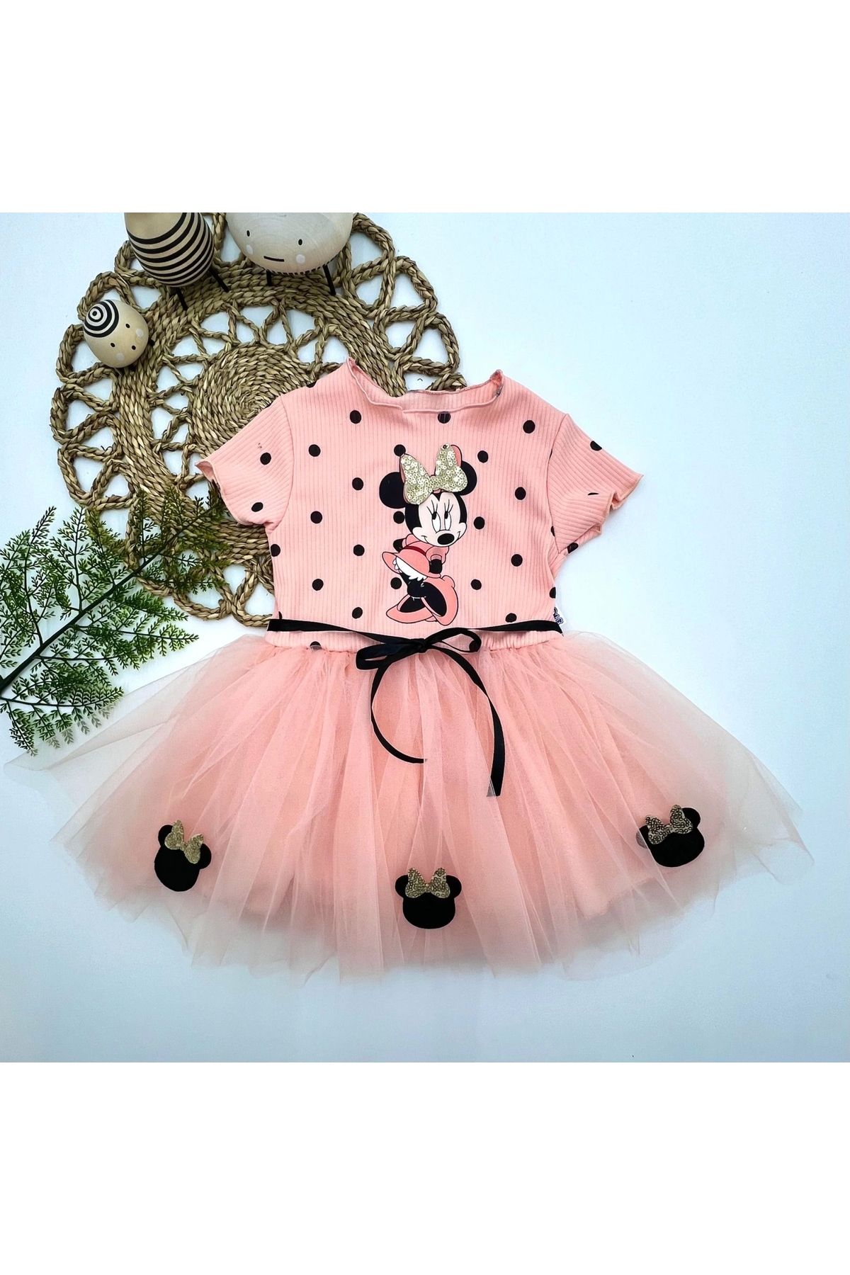 2-3-4 Years Old Polka Dot Mickey Printed Ribbon Belted Lined Baby Girl Tutu Dress