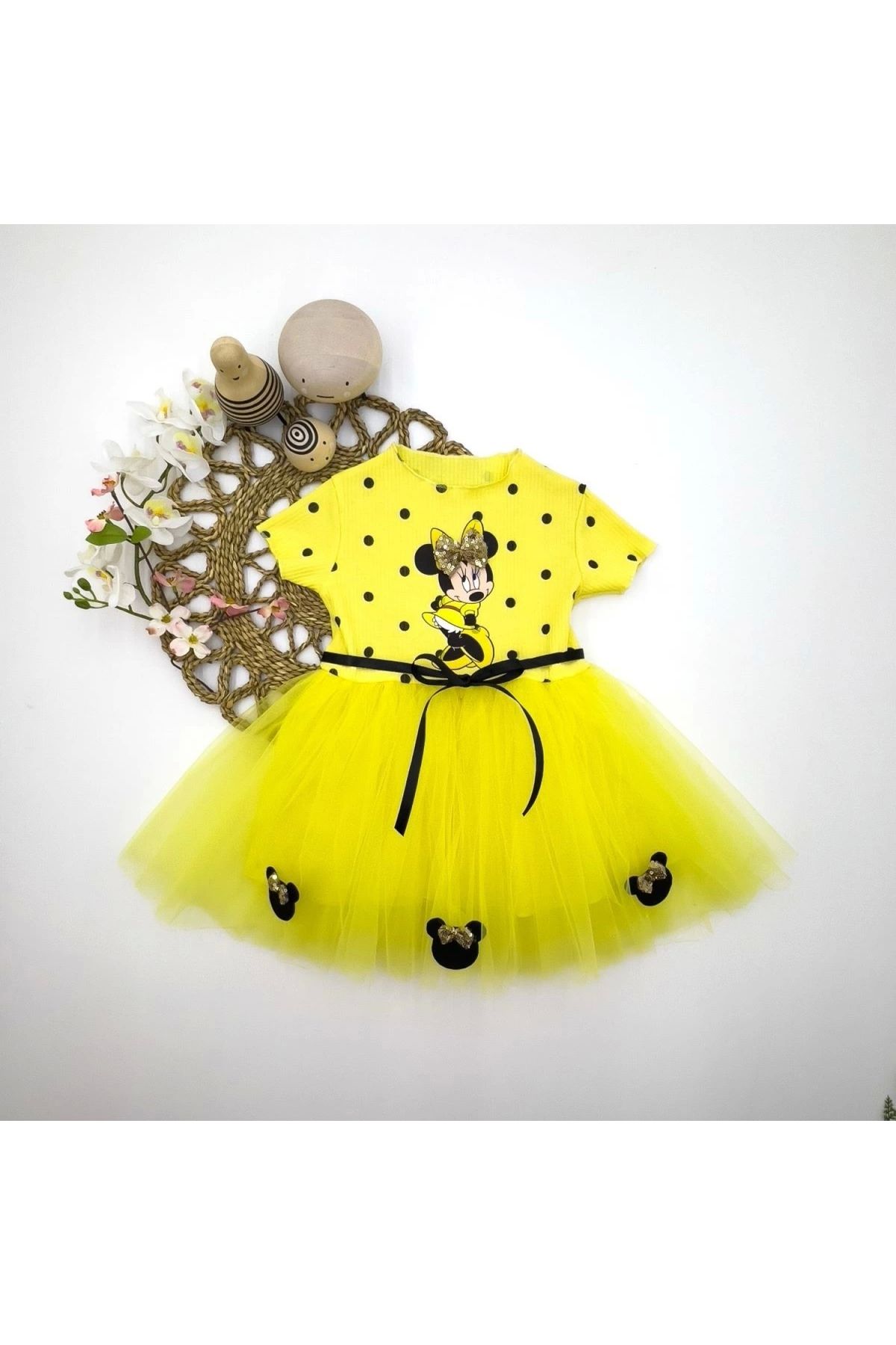 2-3-4 Years Old Polka Dot Mickey Printed Ribbon Belted Lined Baby Girl Tutu Dress