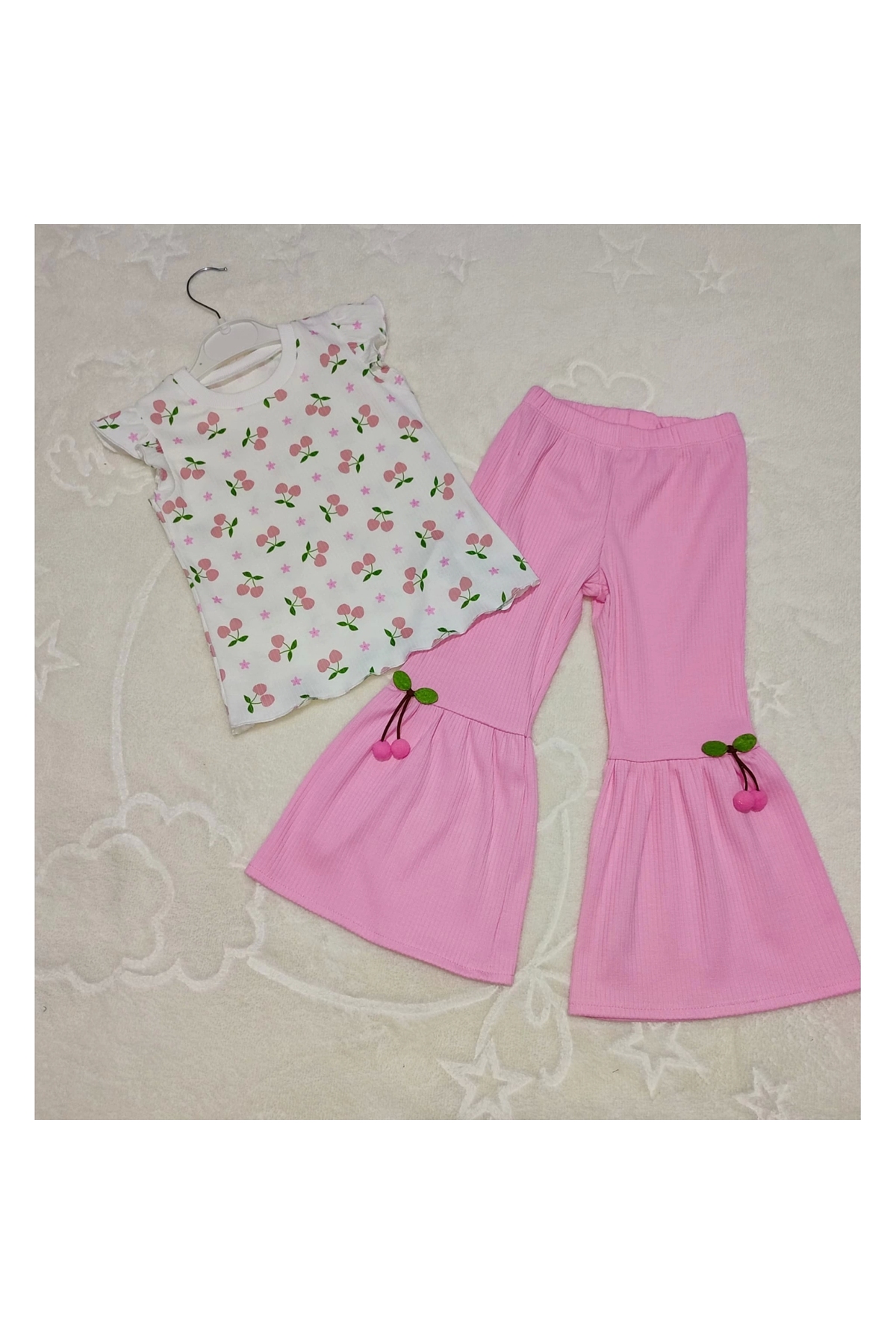 1-2-3-4 Years Old Cherry Printed T-Shirt Flannel Lycra 2-Piece Girls' Set