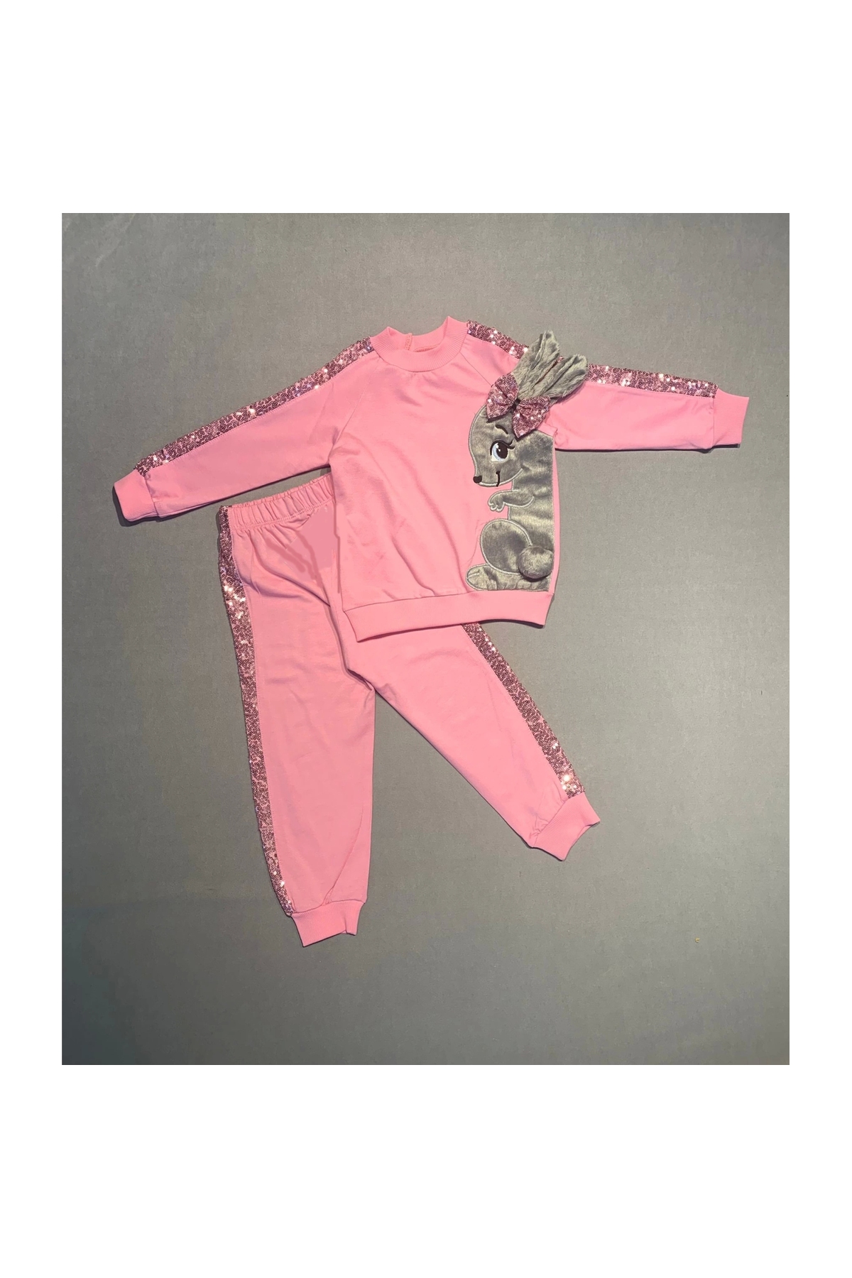 1-2-3 Years Sequined Plush Rabbit Patterned Lycra Combed Cotton Fabric Sweat Pants Girls 2-Piece Children's Set