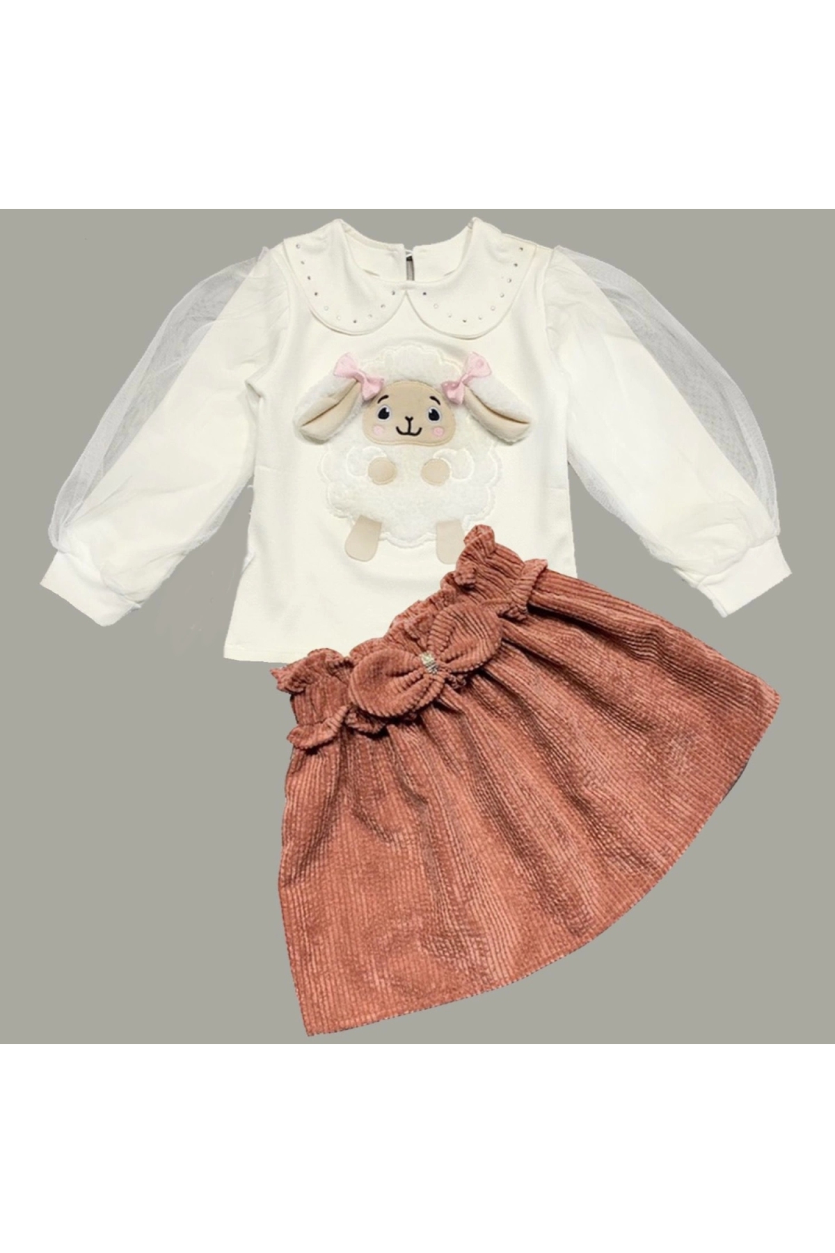 3-4-5 Years Old Corduroy Skirt, Tulle and Long Sleeve Lamb Embroidered Sweat 2-Piece Girls' Set