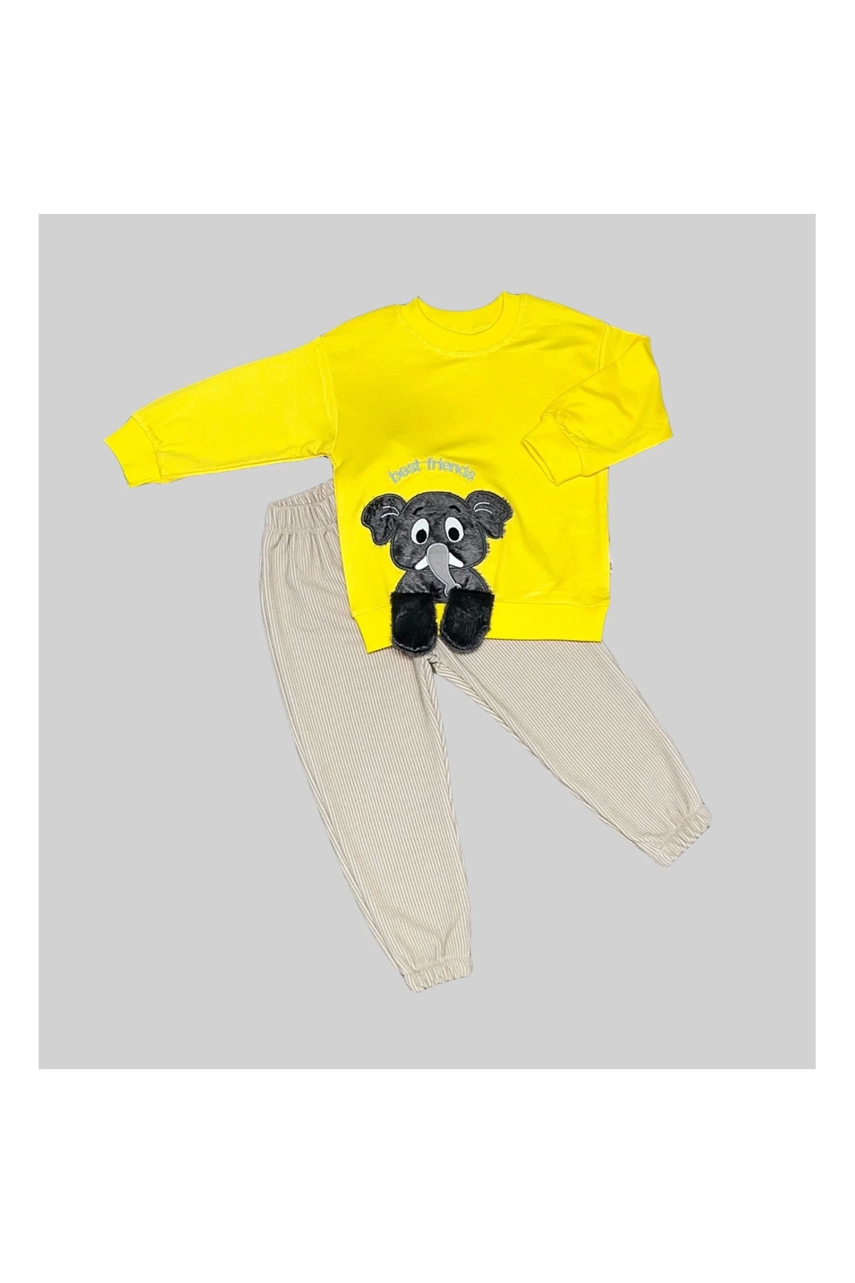 1-2-3 Years Old Elephant Rocking Foot Patterned Lycra Combed Fabric Sweat Trousers 2-Piece Children's Set for Girls and Boys