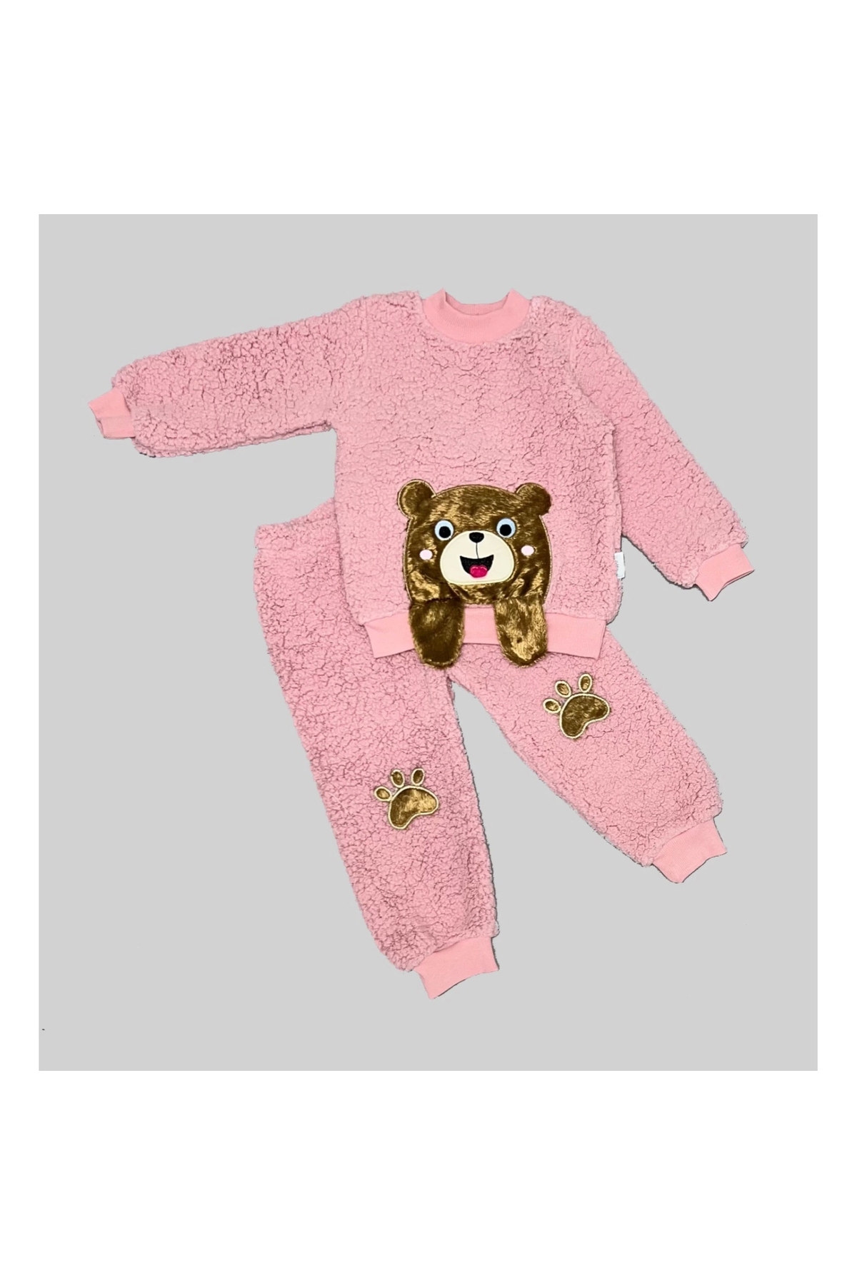 1-2-3 Years Old Waving Hand Teddy Bear Lamb Fabric Sweat Paw Trousers Long Sleeve Girls Boys 2 Piece Set