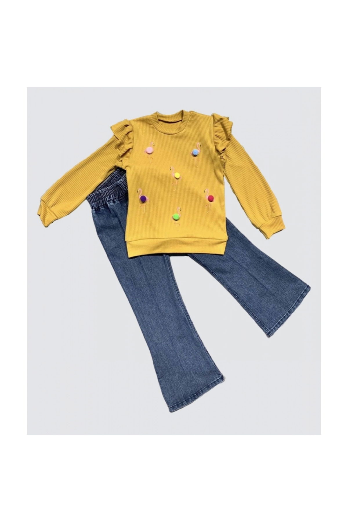 4-5-6 Years Old Flamingo Patterned Combed Cotton Sweat Long Sleeve 2-Piece Girls' Set with Jeans