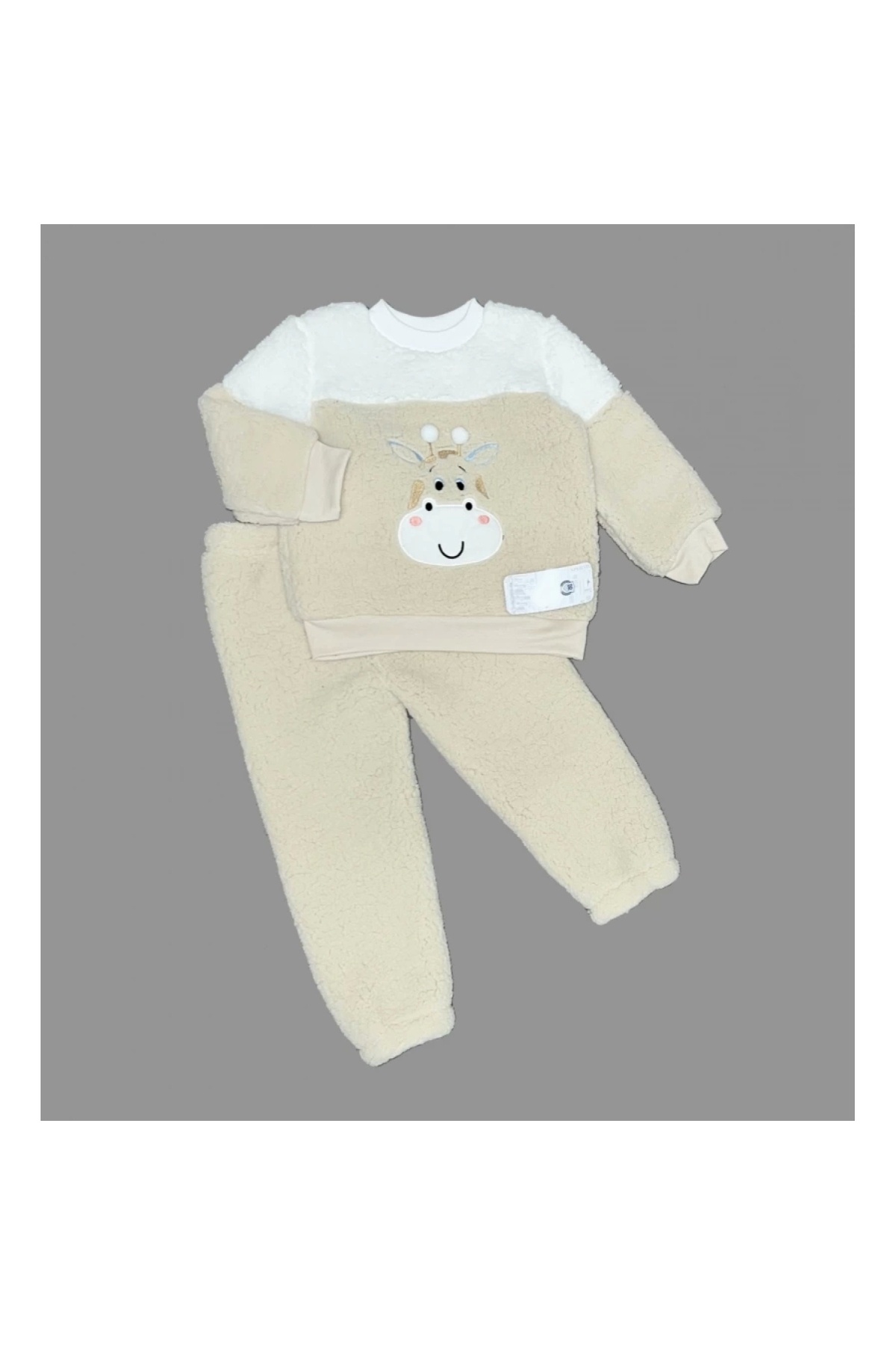 1-2-3 Years Old Pompom Giraffe Patterned Lamb Fabric Long Sleeve Set of 2 Girls and Boys