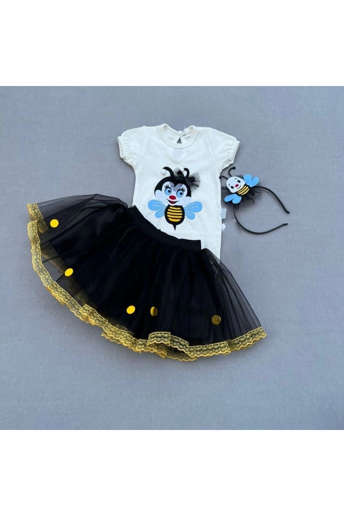 9-12-18 Months 2-Piece Baby Girl Set with Crowned Bee Patterned T-Shirt and Tutu Skirt
